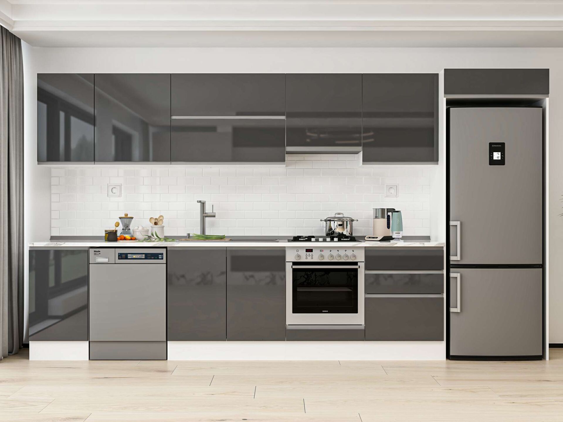 Alvinka 385X222 Cm High Gloss Mutfak Dolabı Mb-E80S45S60-1 High Gloss | Antrasit - Suntalam