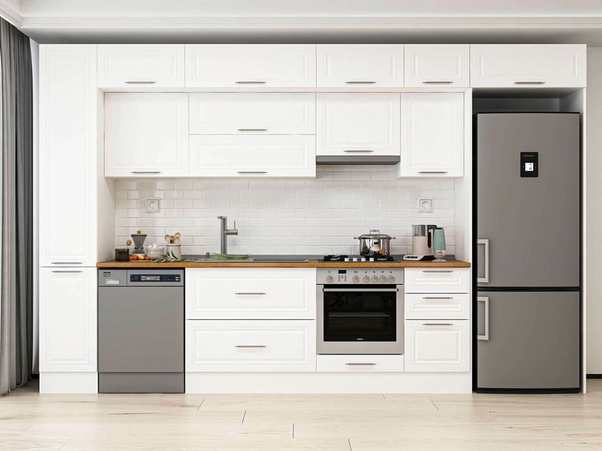Alvinka 375X240 Cm Klasik Mebran Mutfak Dolabı Beyaz Beyaz Mbb-E90B40S45-1