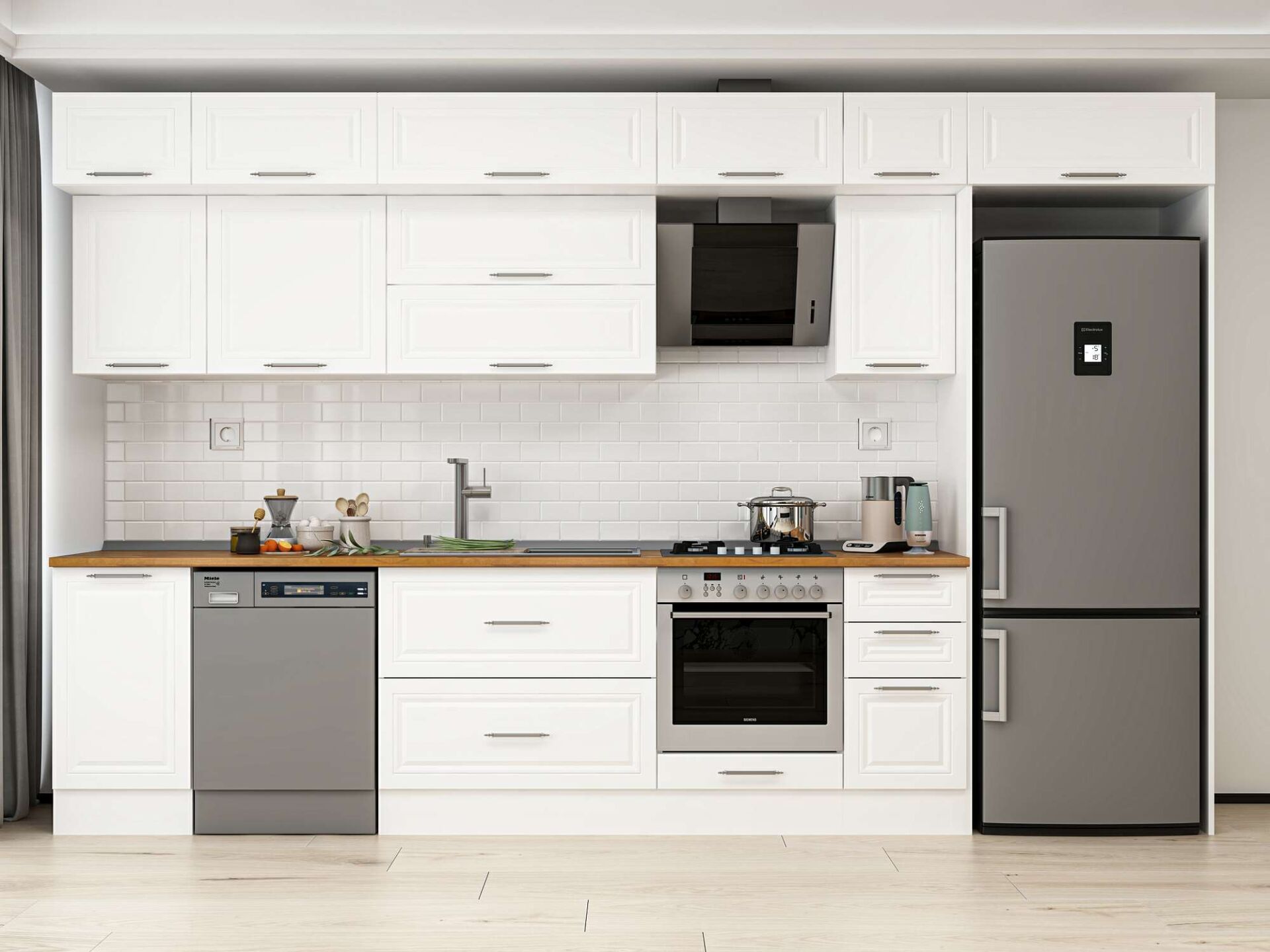 Alvinka 375X240 Cm Klasik Mebran Mutfak Dolabı Beyaz Beyaz Mb-E90S45S40-2 Mebran | Beyaz - Suntalam