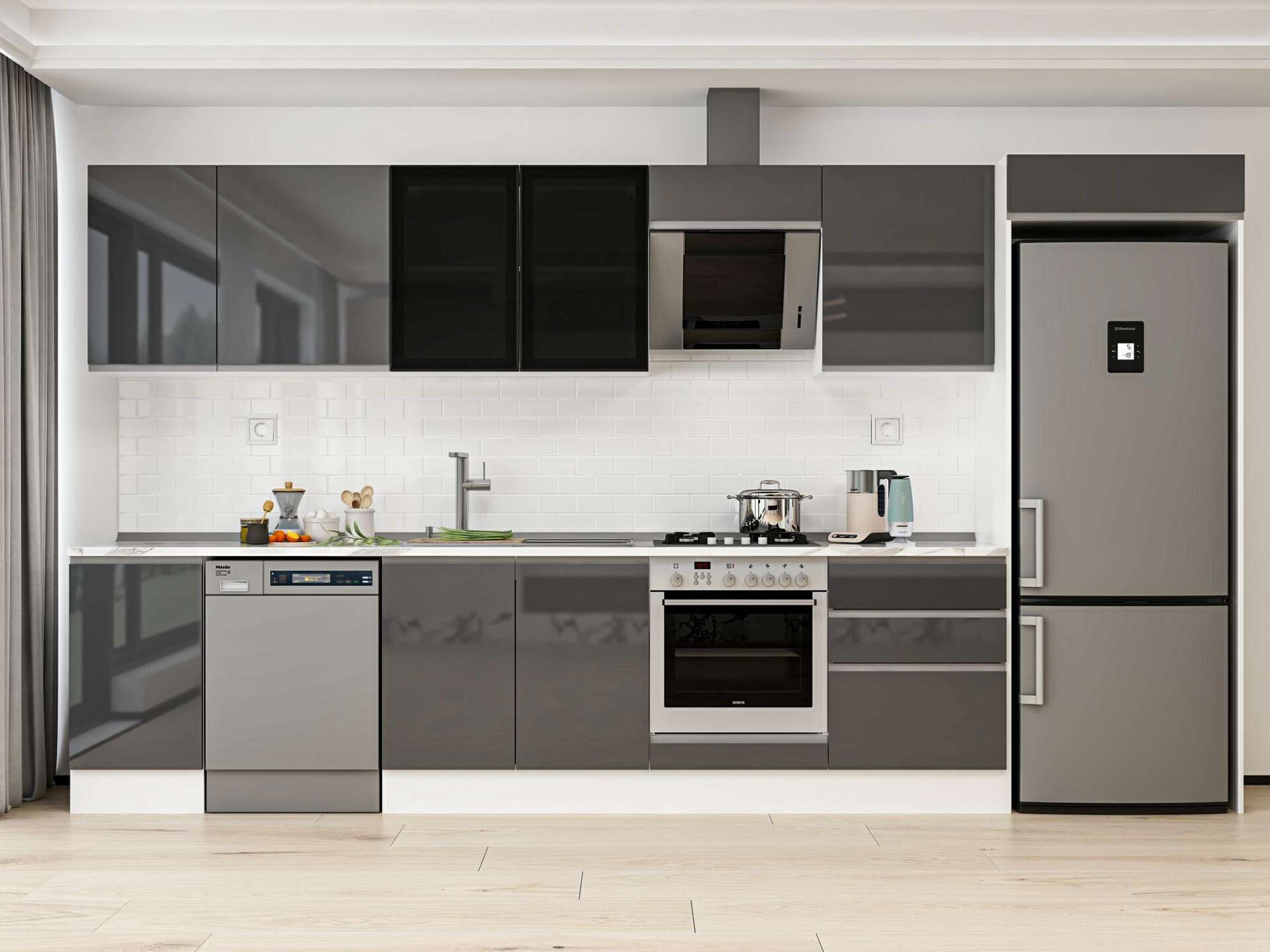 Alvinka 385X222 Cm High Gloss Mutfak Dolabı Mb-E80S45S60-3 High Gloss | Antrasit - Suntalam