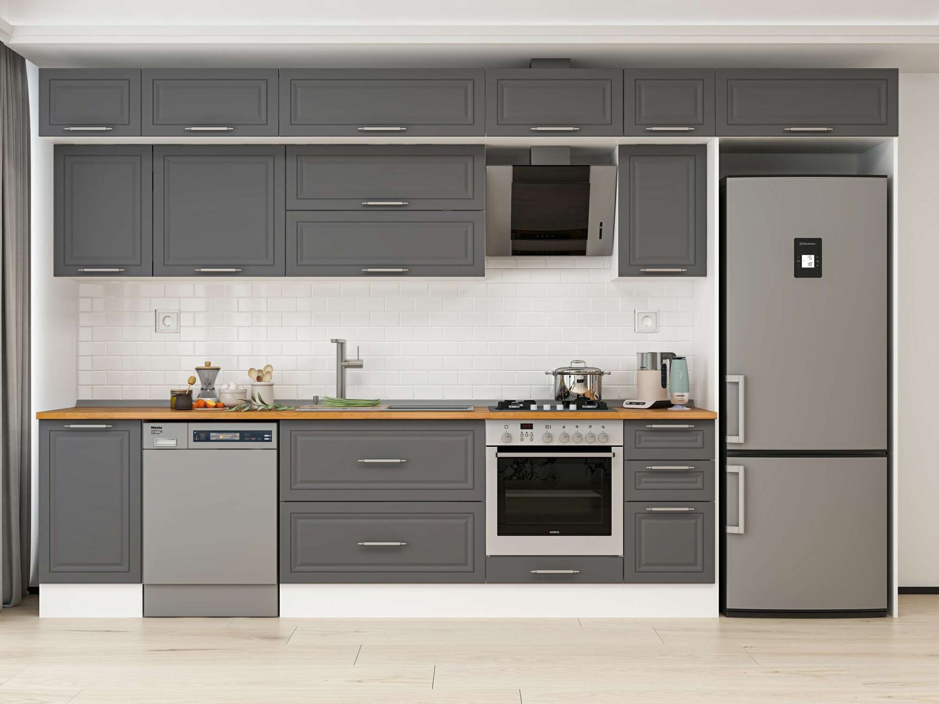 Alvinka 375X240 Cm Klasik Mebran Mutfak Dolabı Beyaz Beyaz Mb-E90S45S40-2 Mebran | Antrasit - Mdf