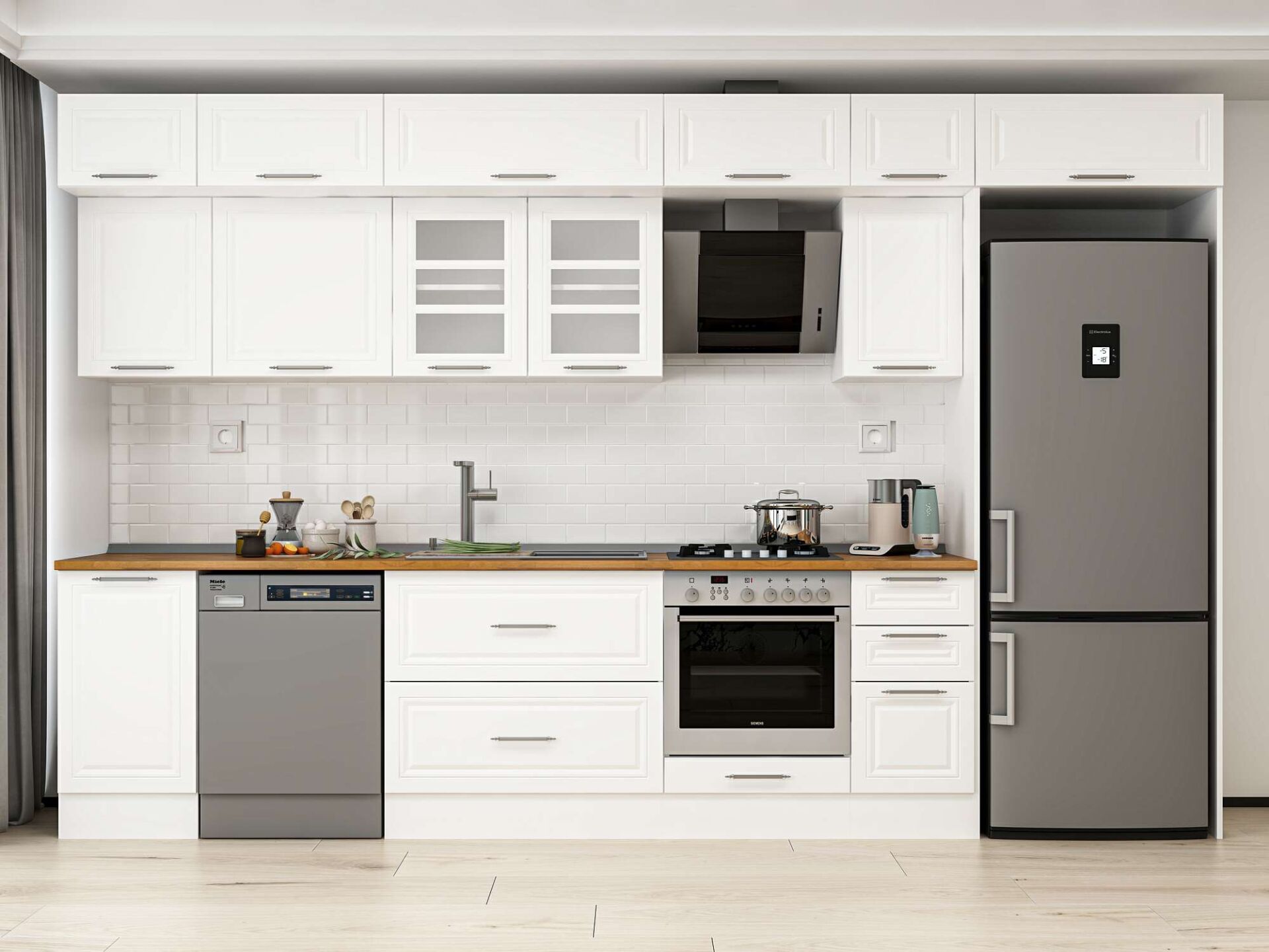 Alvinka 375X240 Cm Klasik Mebran Mutfak Dolabı Beyaz Beyaz Mb-E90S45S40-3 Mebran | Beyaz - Suntalam