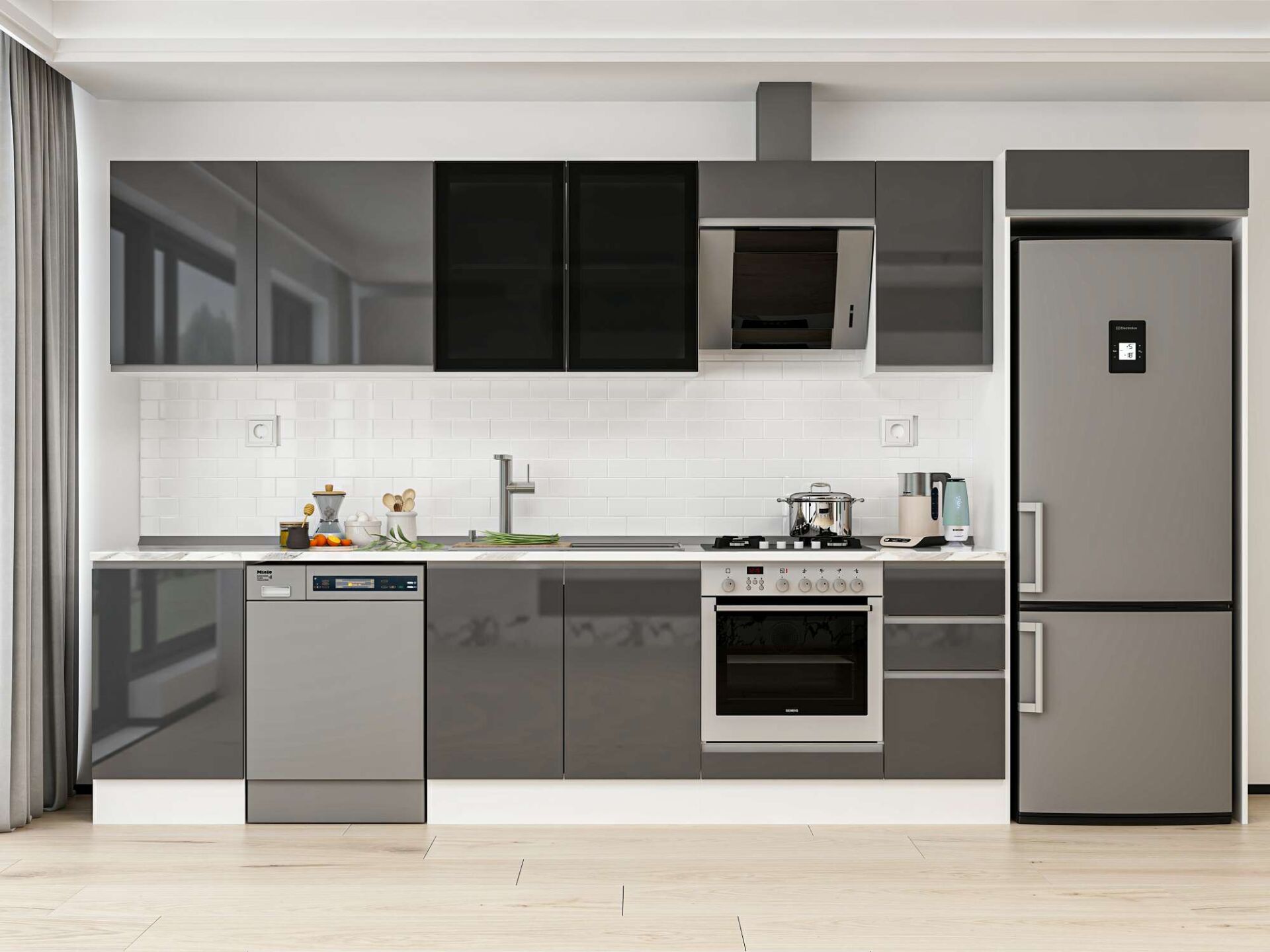 Alvinka 370X222 Cm High Gloss Mutfak Dolabı Mb-E80S50S40-3 High Gloss | Antrasit - Mdf