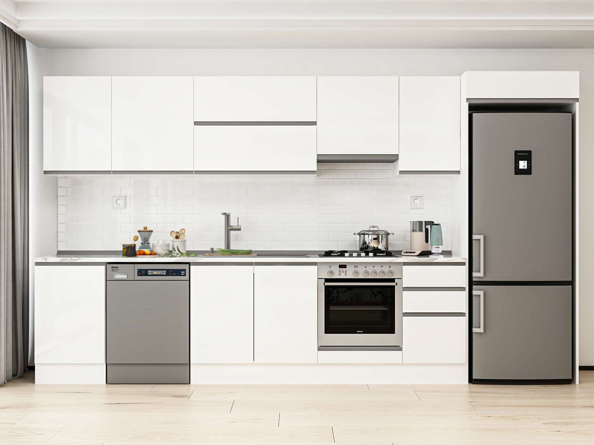 Alvinka 375X222 Cm High Gloss Mutfak Dolabı Mb-E80S50S45-1 High Gloss | Beyaz - Suntalam