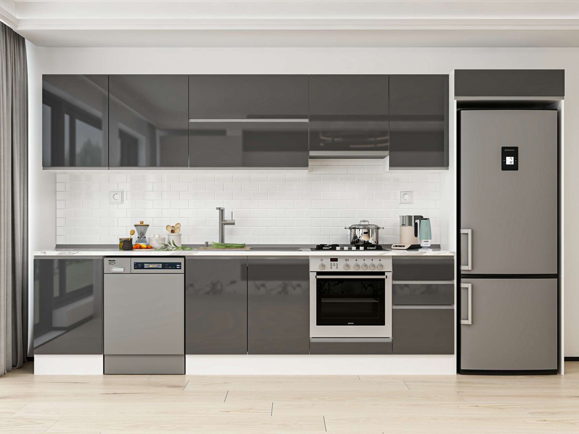 Alvinka 375X222 Cm High Gloss Mutfak Dolabı Mb-E80S50S45-1 High Gloss | Antrasit - Mdf