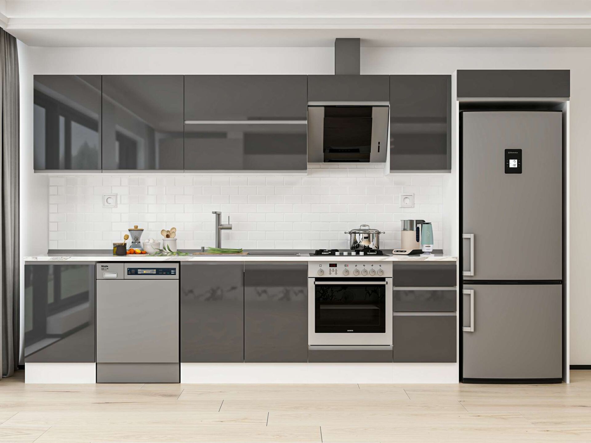 Alvinka 375X222 Cm High Gloss Mutfak Dolabı Mb-E80S50S45-2 High Gloss | Antrasit - Mdf