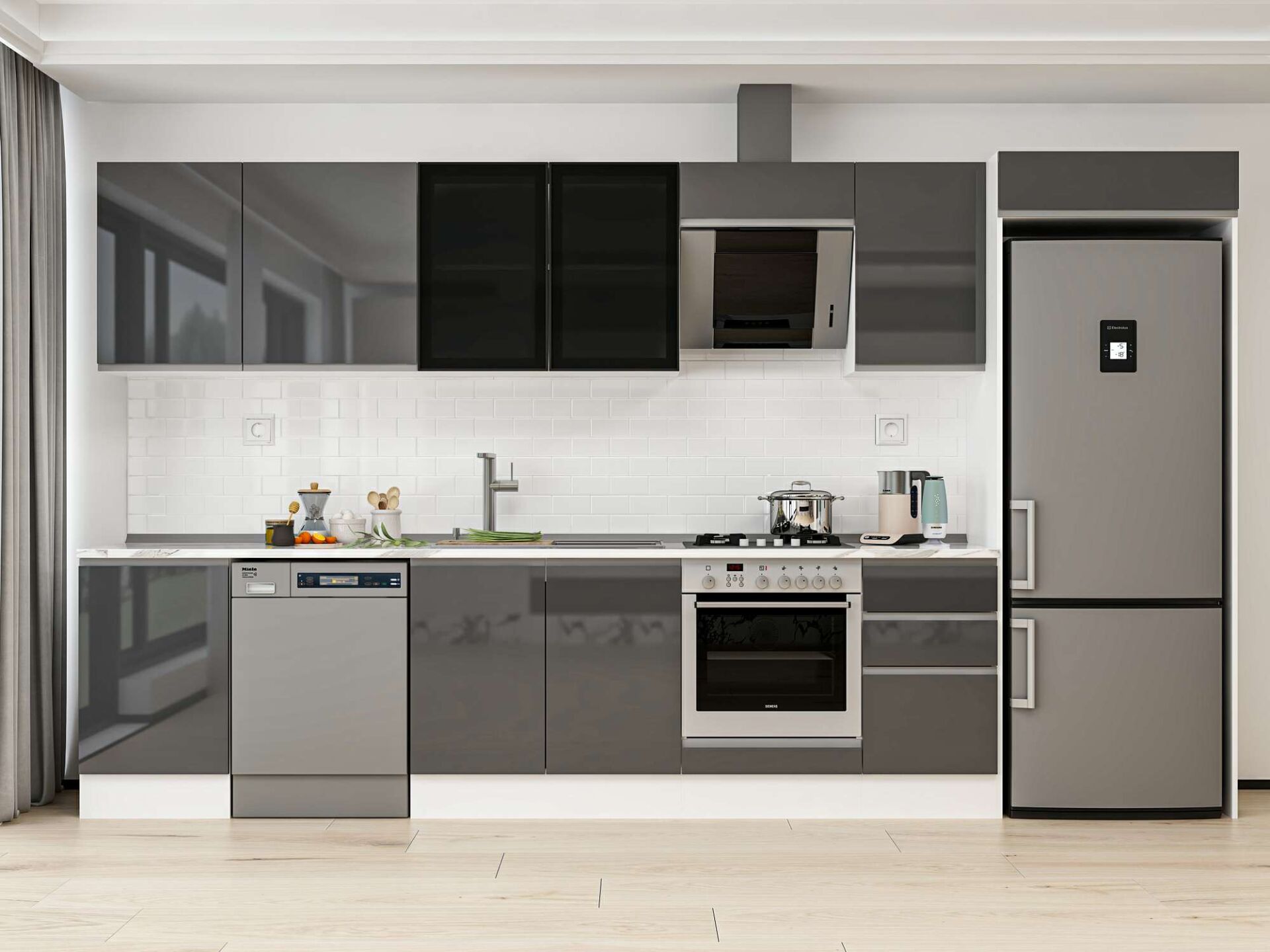 Alvinka 375X222 Cm High Gloss Mutfak Dolabı Mb-E80S50S45-3 High Gloss | Antrasit - Suntalam