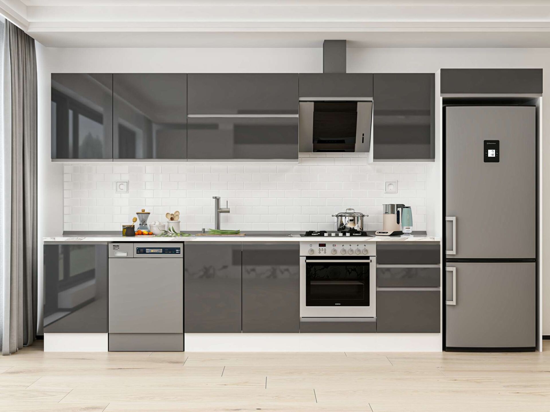 Alvinka 380X222 Cm High Gloss Mutfak Dolabı Mb-E80S50S50-2 High Gloss | Antrasit - Mdf