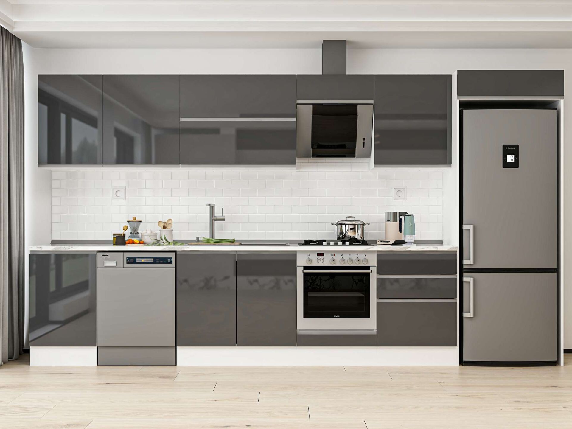 Alvinka 390X222 Cm High Gloss Mutfak Dolabı Mb-E80S50S60-2 High Gloss | Antrasit - Mdf