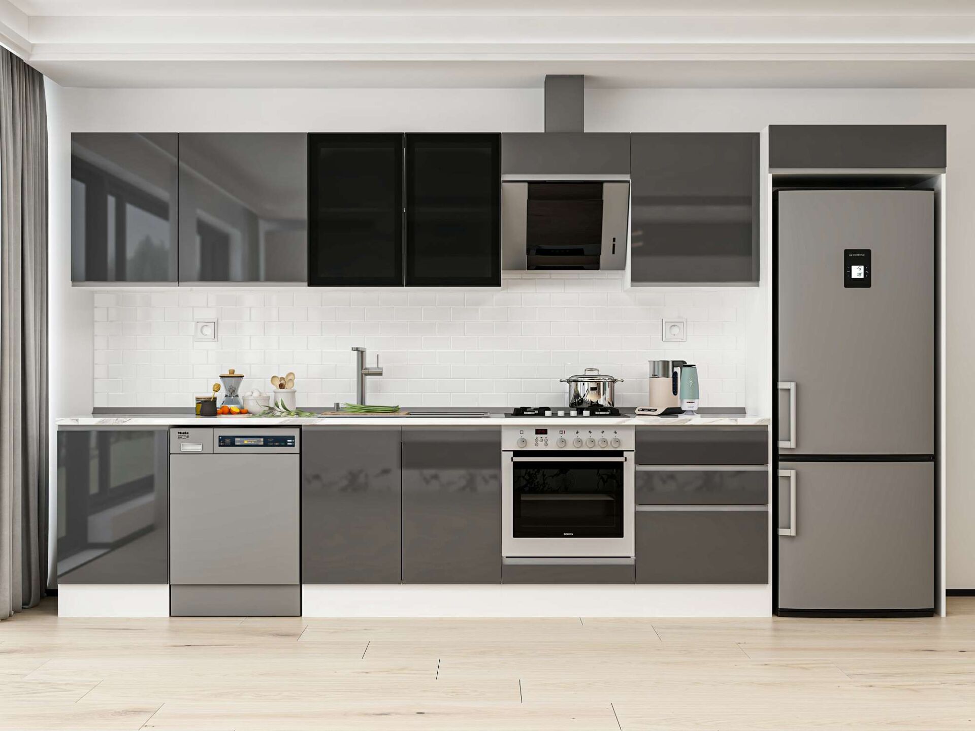 Alvinka 390X222 Cm High Gloss Mutfak Dolabı Mb-E80S50S60-3 High Gloss | Antrasit - Mdf