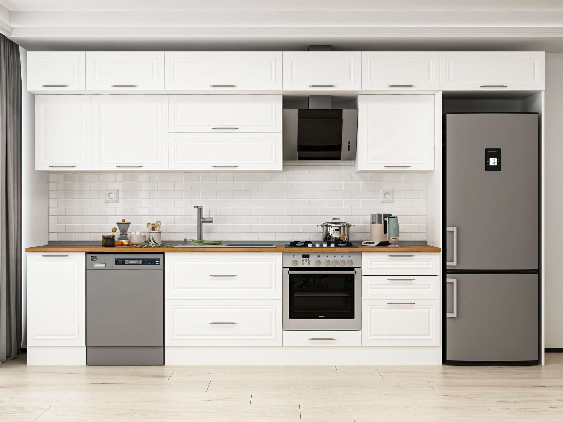 Alvinka 395X240 Cm Klasik Mebran Mutfak Dolabı Beyaz Beyaz Mb-E90S45S60-2 Mebran | Beyaz - Suntalam