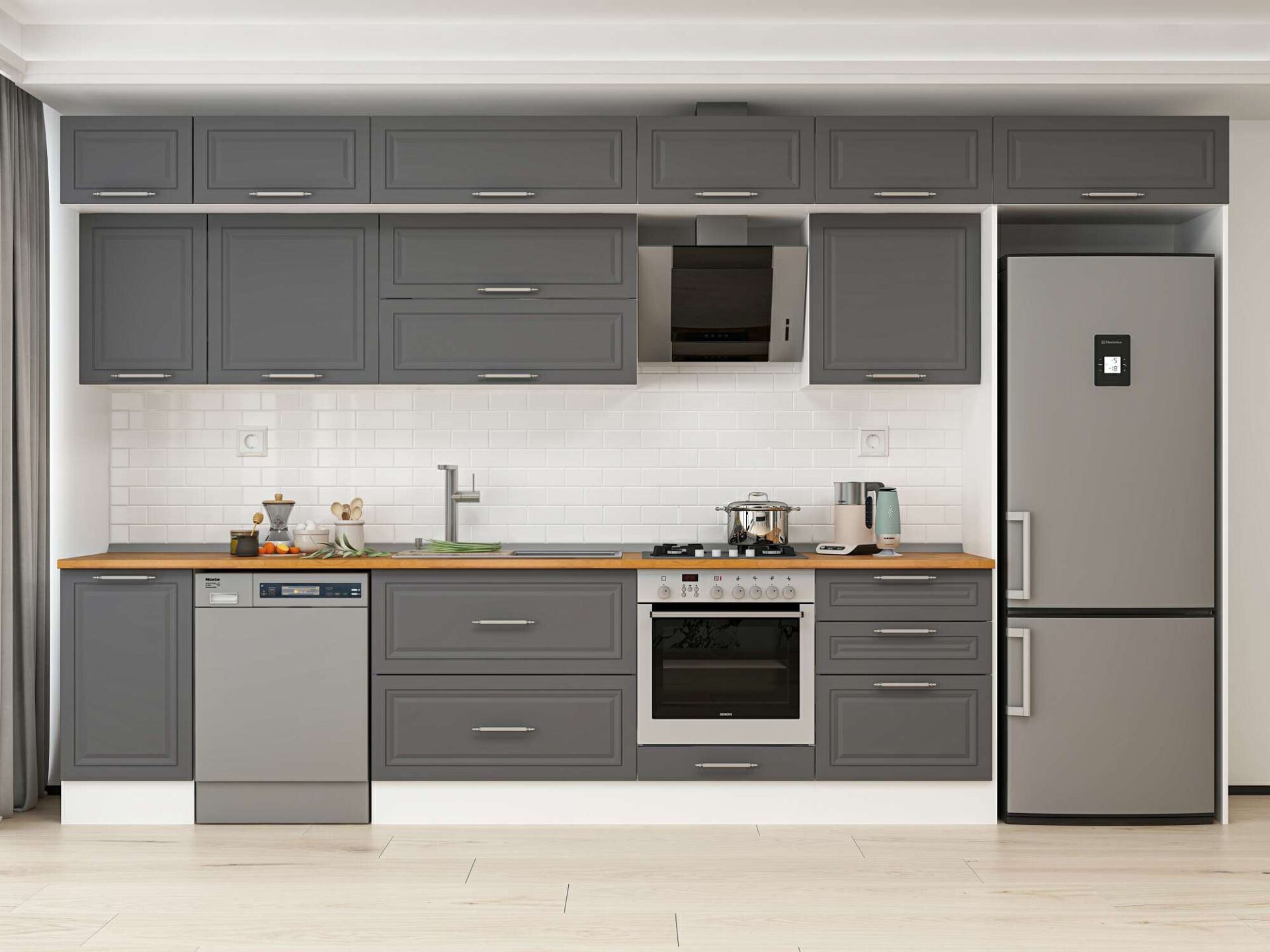 Alvinka 395X240 Cm Klasik Mebran Mutfak Dolabı Beyaz Beyaz Mb-E90S45S60-2 Mebran | Antrasit - Suntalam