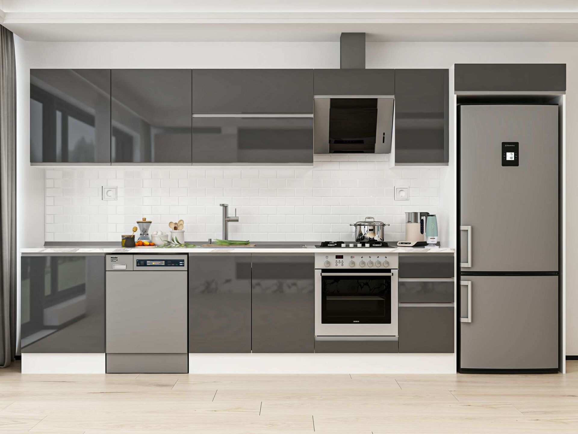 Alvinka 380X222 Cm High Gloss Mutfak Dolabı Mb-E80S60S40-2 High Gloss | Antrasit - Suntalam