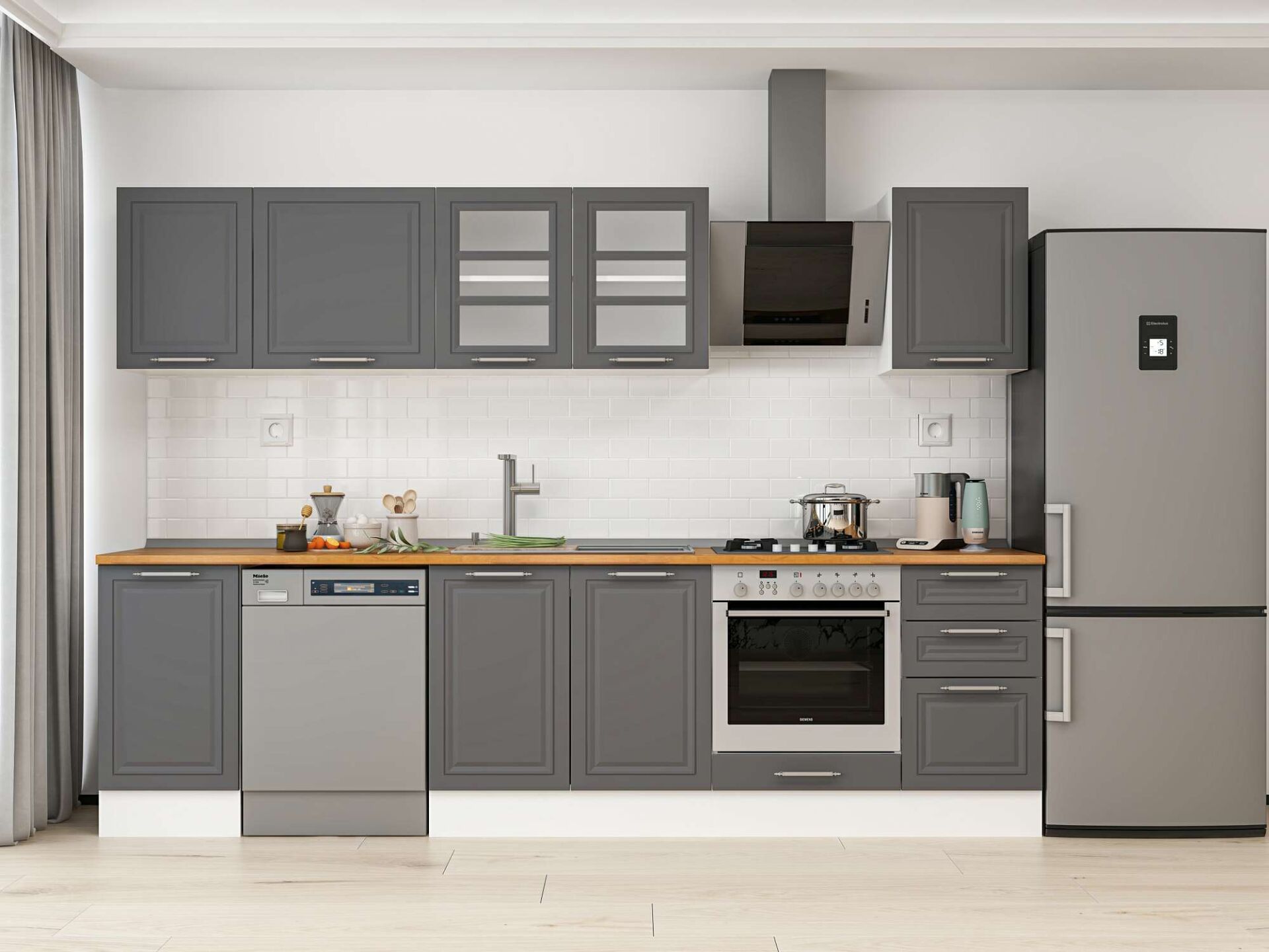 Alvinka 285X210 Cm Klasik Mebran Mutfak Dolabı Beyaz Beyaz M-E80S40S45-3 Mebran | Antrasit - Mdf