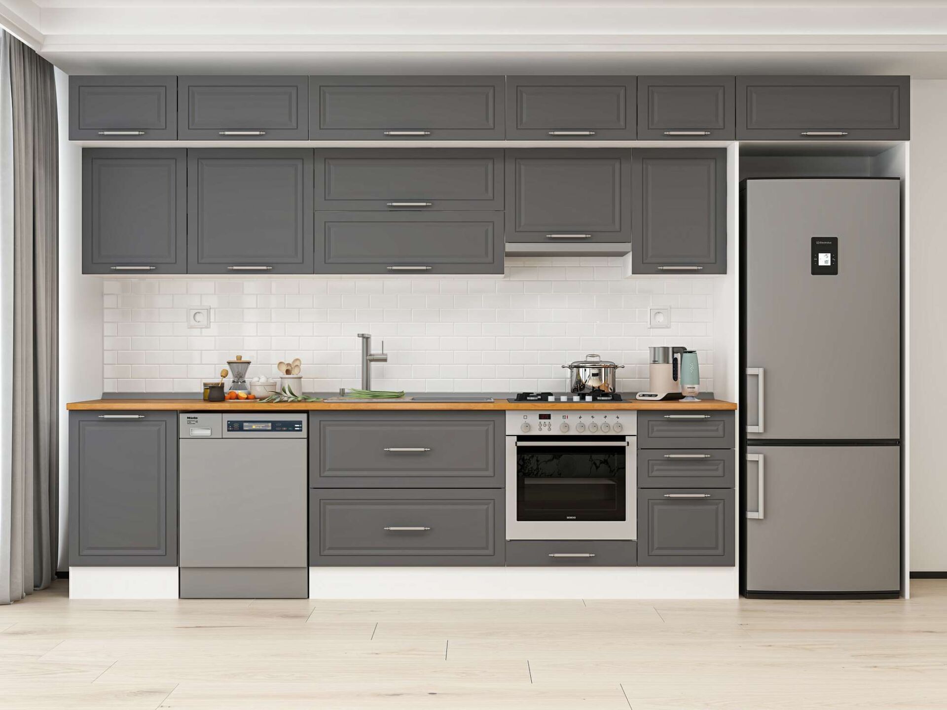 Alvinka 385X240 Cm Klasik Mebran Mutfak Dolabı Beyaz Beyaz Mb-E90S50S45-1 Mebran | Antrasit - Suntalam