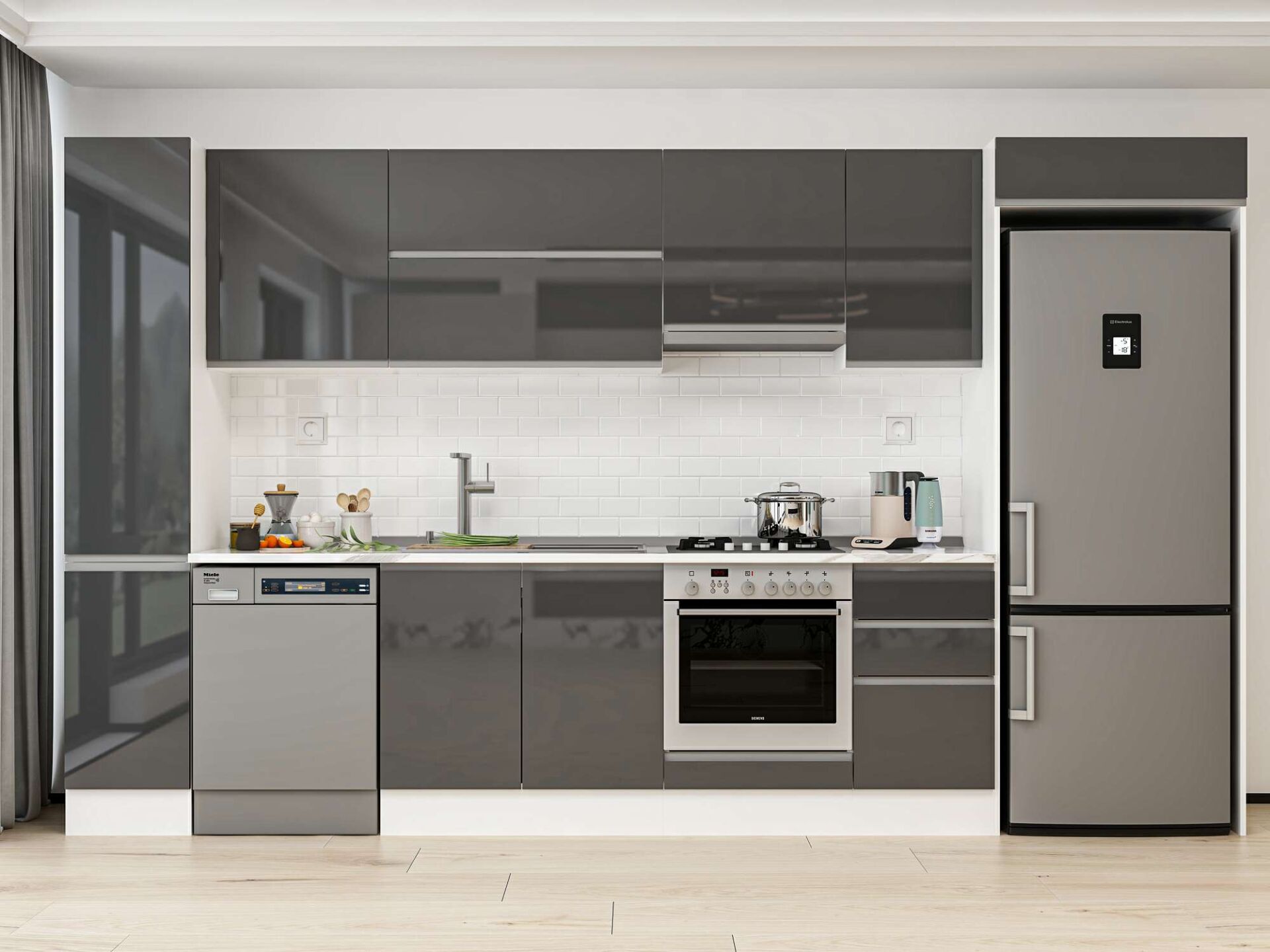 Alvinka 365X222 Cm High Gloss Mutfak Dolabı Mbb-E80B40S45-1 High Gloss | Antrasit - Suntalam