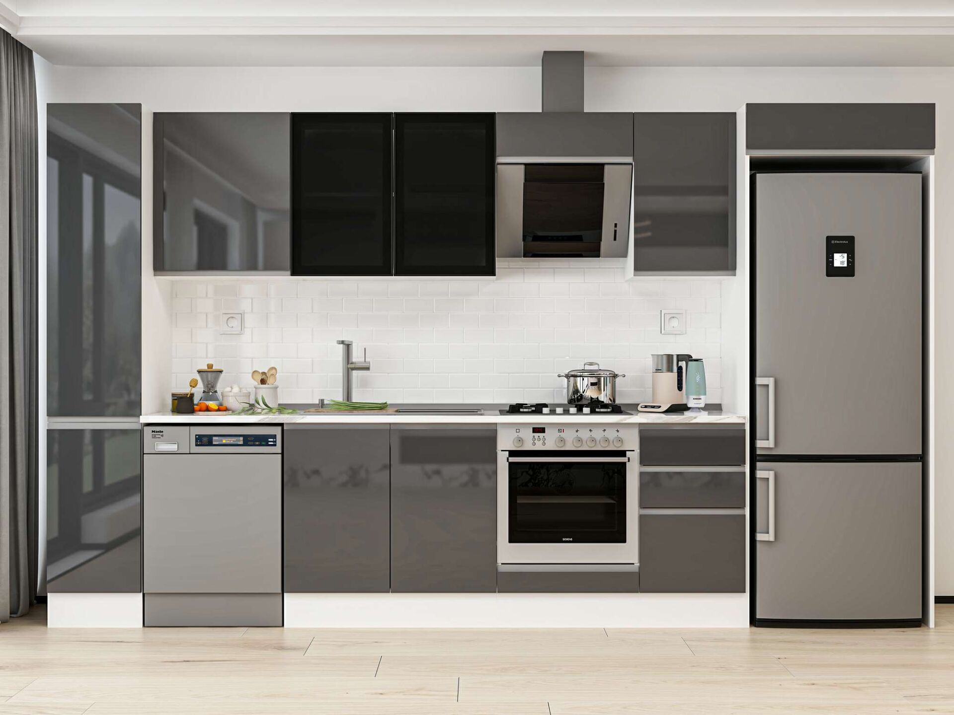 Alvinka 365X222 Cm High Gloss Mutfak Dolabı Mbb-E80B40S45-3 High Gloss | Antrasit - Mdf