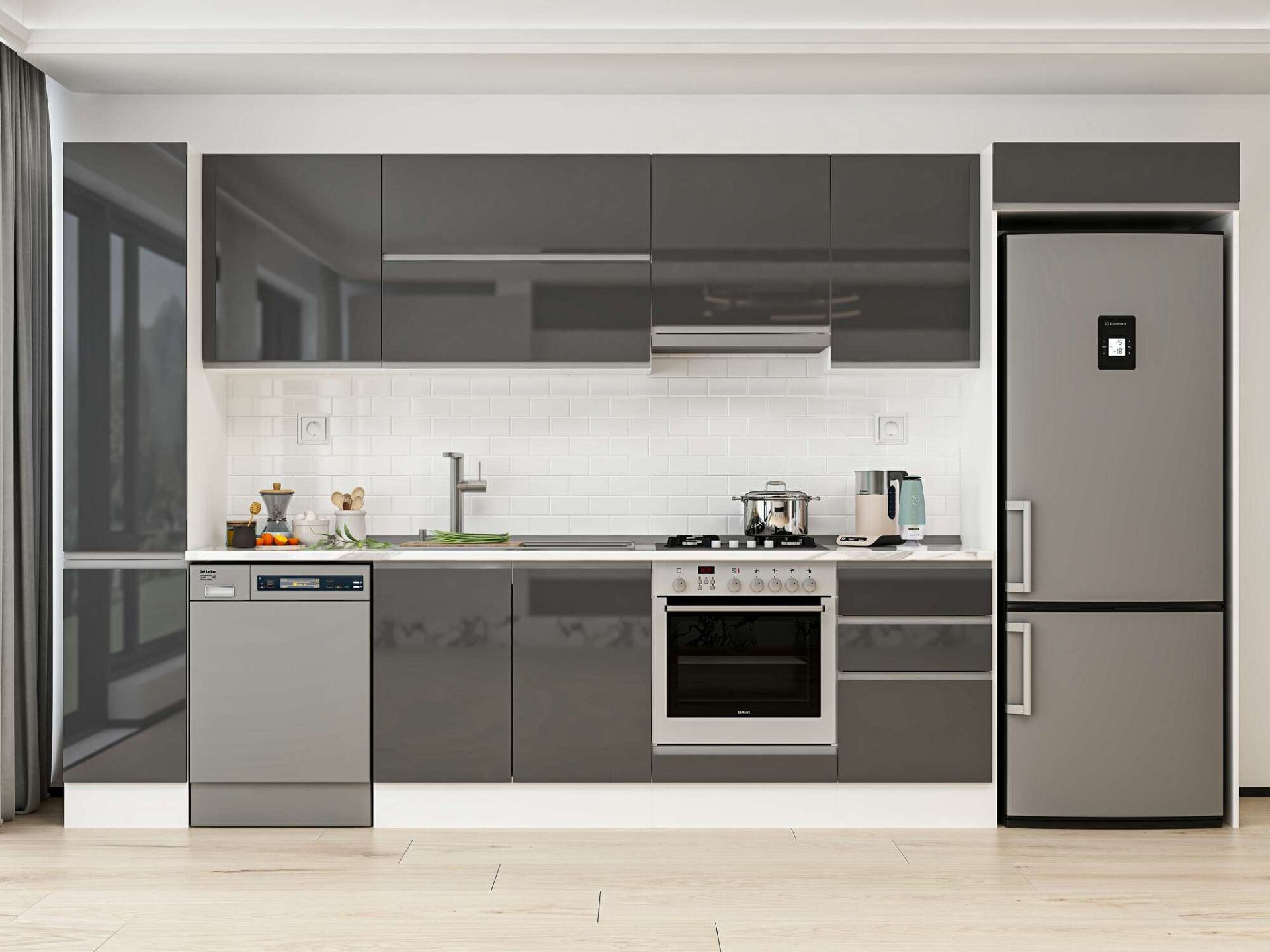 Alvinka 370X222 Cm High Gloss Mutfak Dolabı Mbb-E80B40S50-1 High Gloss | Antrasit - Mdf