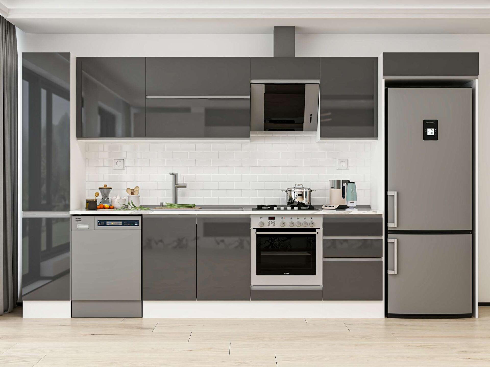 Alvinka 370X222 Cm High Gloss Mutfak Dolabı Mbb-E80B40S50-2 High Gloss | Antrasit - Mdf