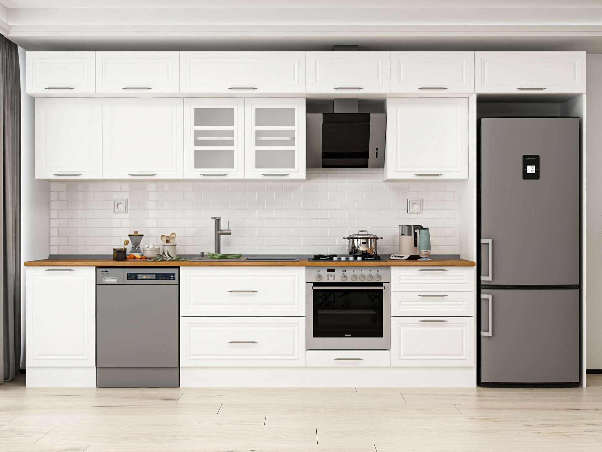 Alvinka 400X240 Cm Klasik Mebran Mutfak Dolabı Beyaz Beyaz Mb-E90S50S60-3 Mebran | Beyaz - Suntalam