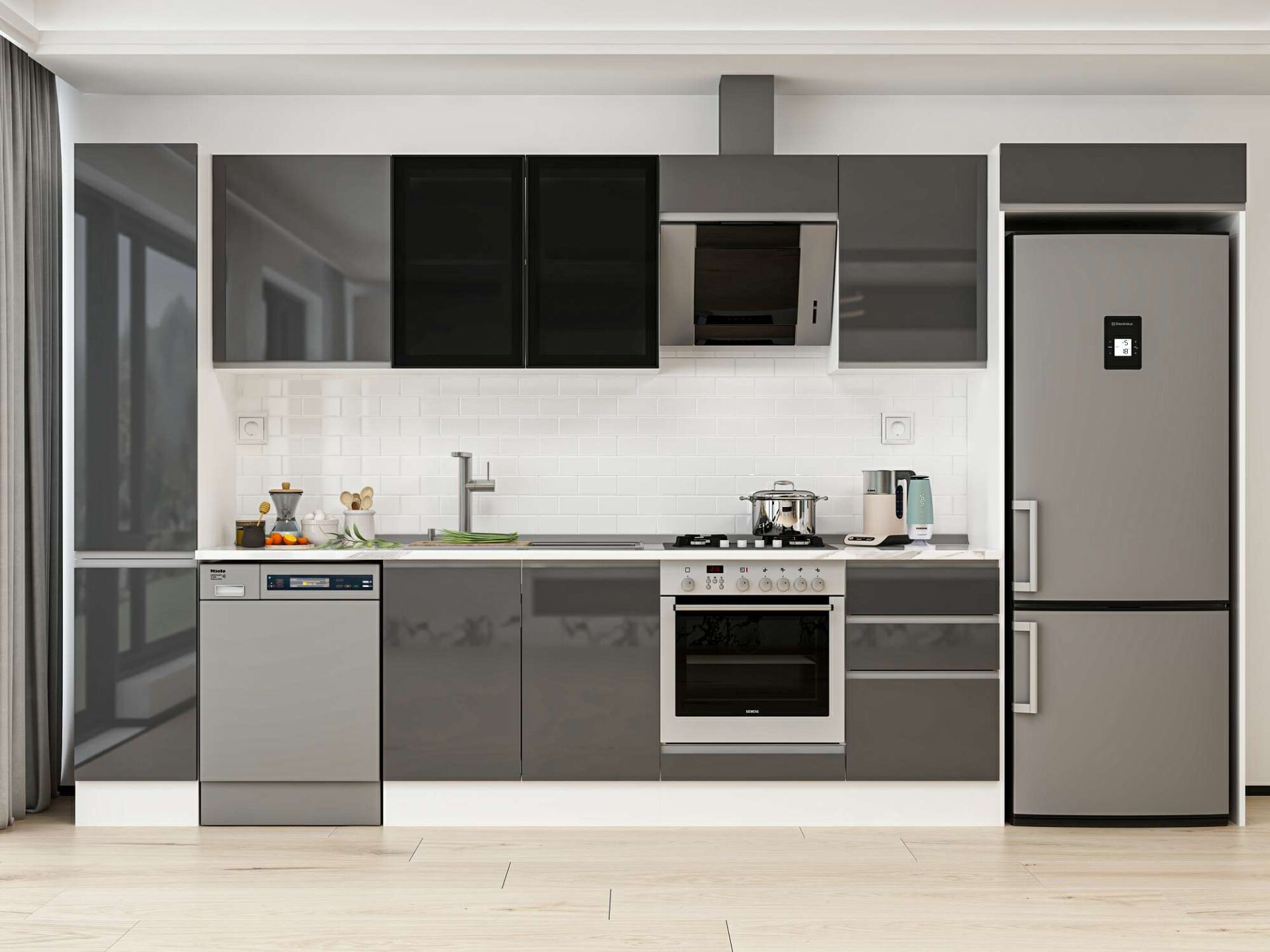 Alvinka 370X222 Cm High Gloss Mutfak Dolabı Mbb-E80B40S50-3 High Gloss | Antrasit - Mdf