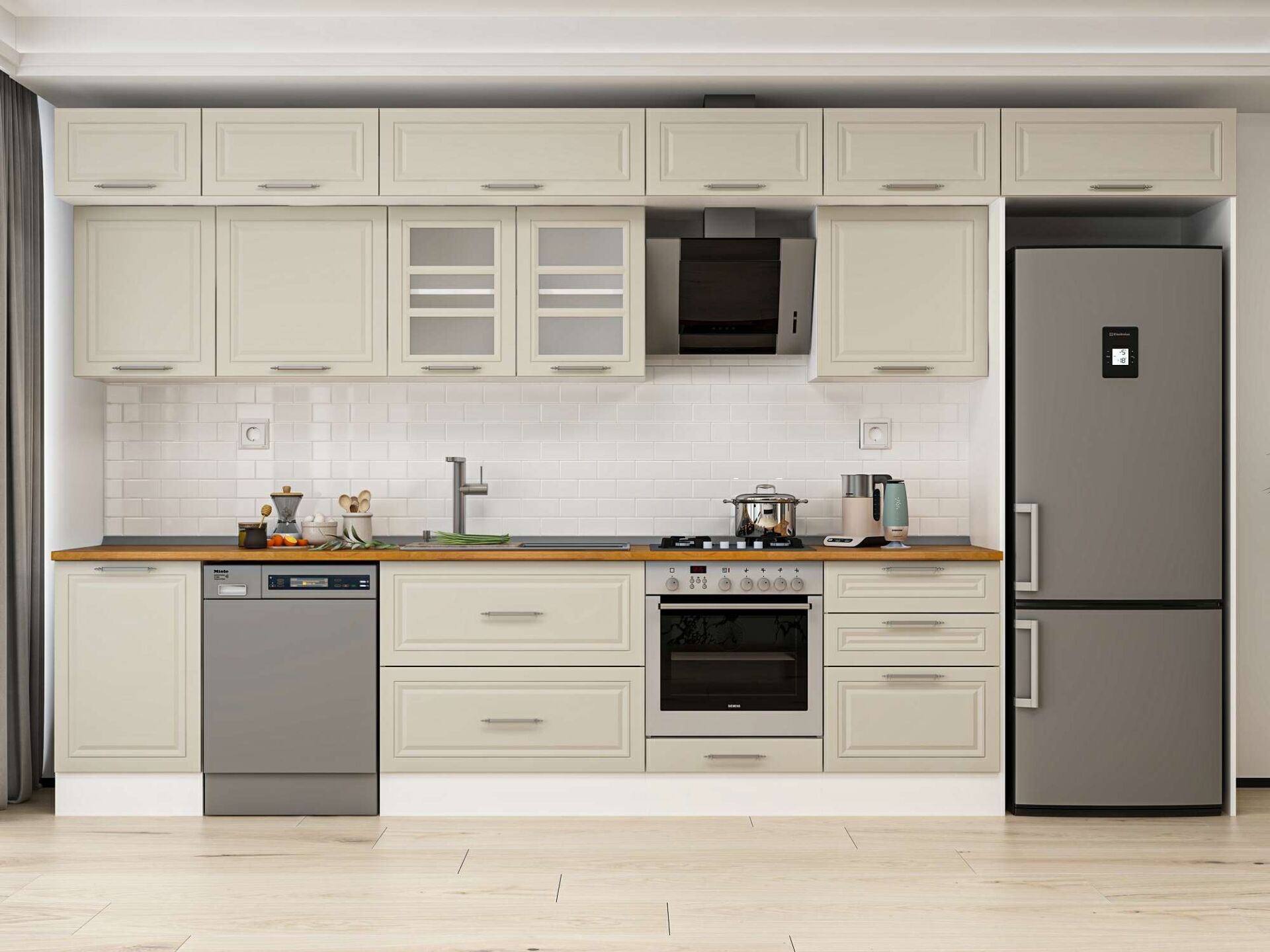 Alvinka 400X240 Cm Klasik Mebran Mutfak Dolabı Beyaz Beyaz Mb-E90S50S60-3 Mebran | Kumtaşı - Mdf