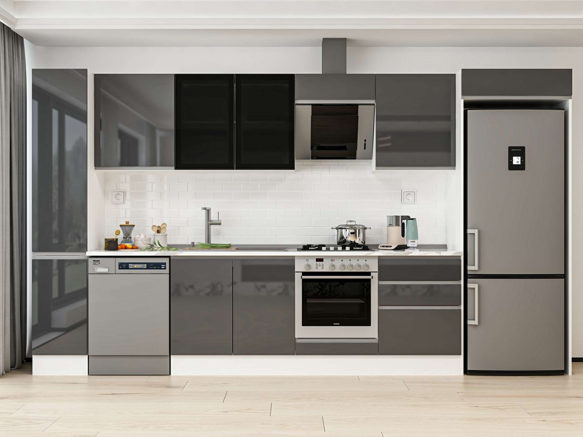 Alvinka 380X222 Cm High Gloss Mutfak Dolabı Mbb-E80B40S60-3 High Gloss | Antrasit - Mdf