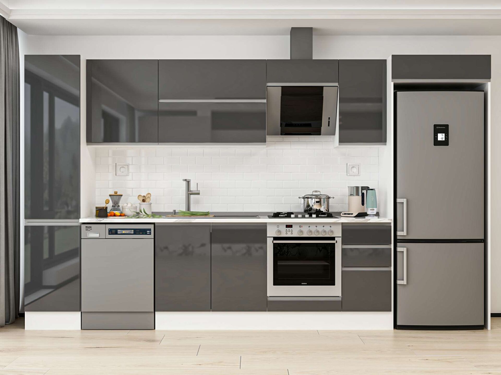 Alvinka 365X222 Cm High Gloss Mutfak Dolabı Mbb-E80B45S40-2 High Gloss | Antrasit - Mdf