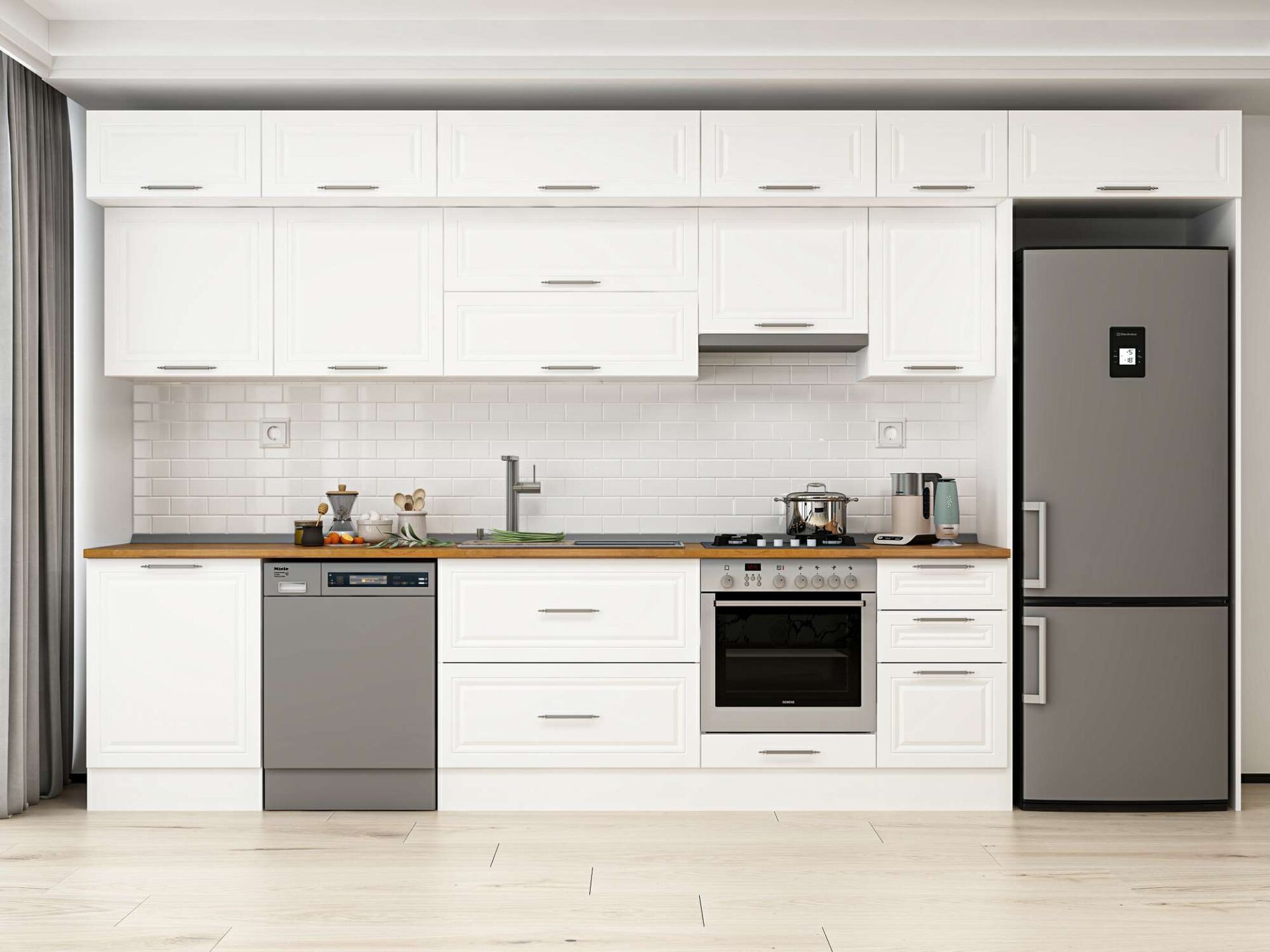 Alvinka 395X240 Cm Klasik Mebran Mutfak Dolabı Beyaz Beyaz Mb-E90S60S45-1 Mebran | Beyaz - Suntalam