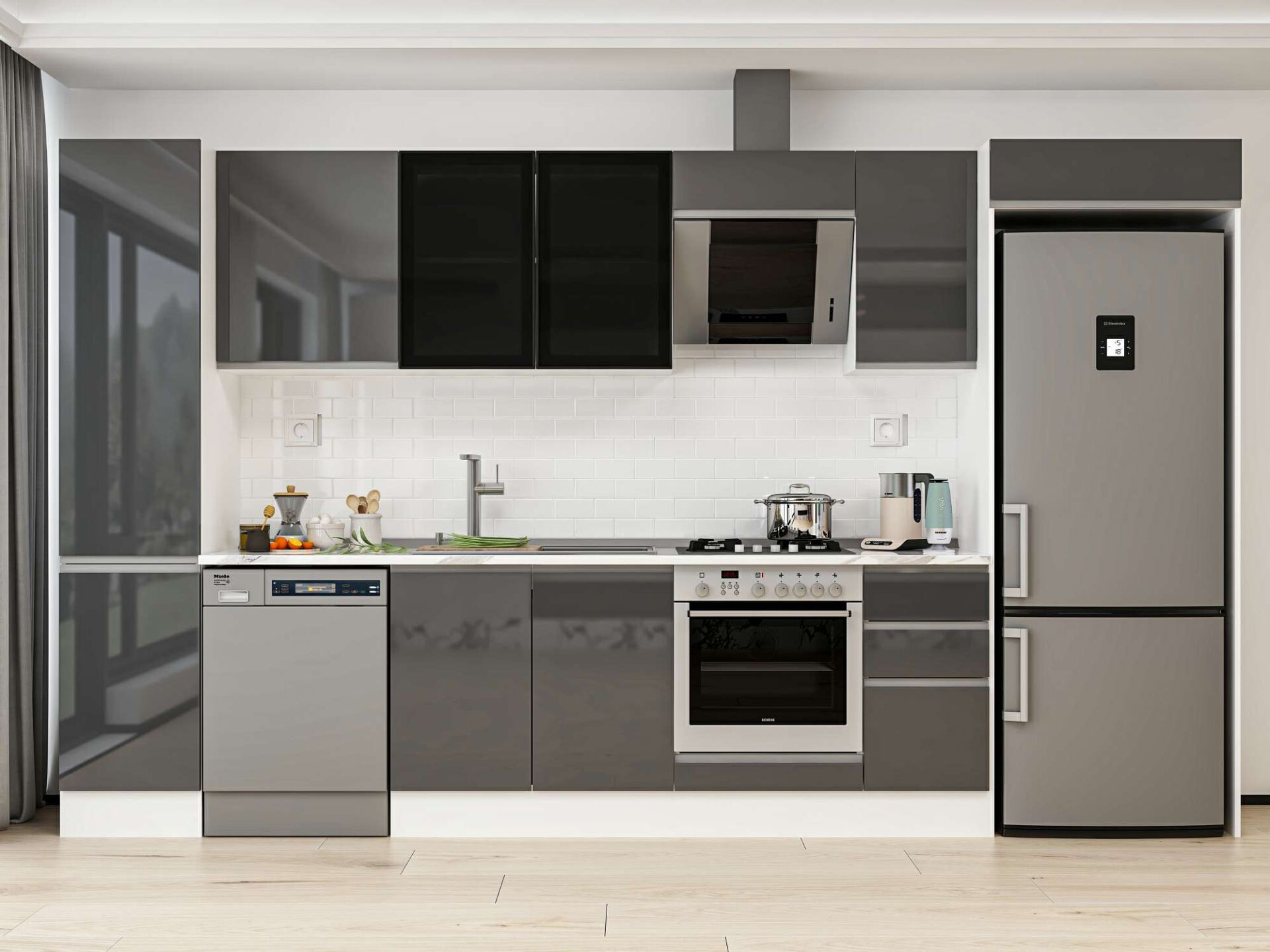 Alvinka 365X222 Cm High Gloss Mutfak Dolabı Mbb-E80B45S40-3 High Gloss | Antrasit - Suntalam