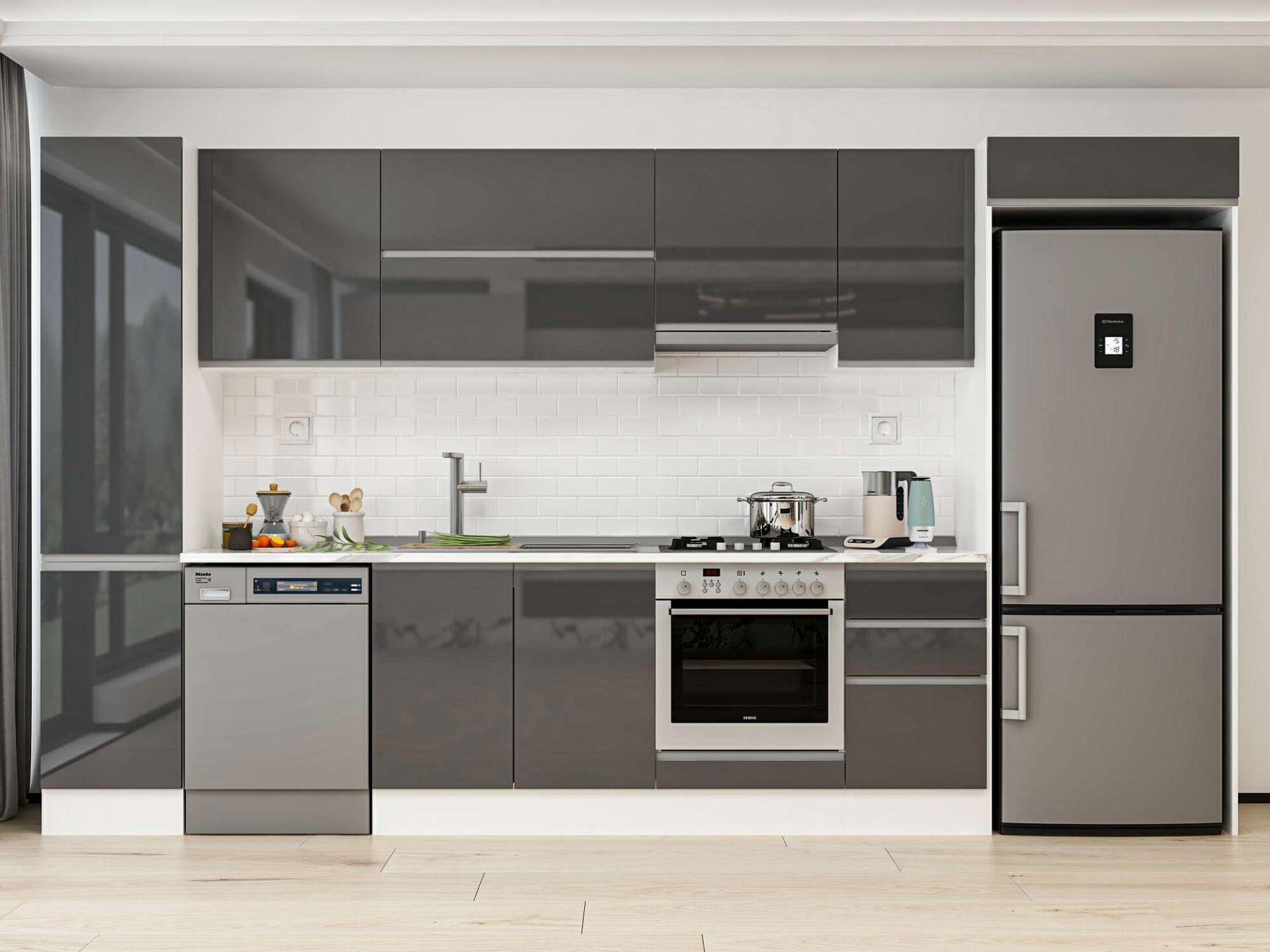 Alvinka 370X222 Cm High Gloss Mutfak Dolabı Mbb-E80B45S45-1 High Gloss | Antrasit - Mdf