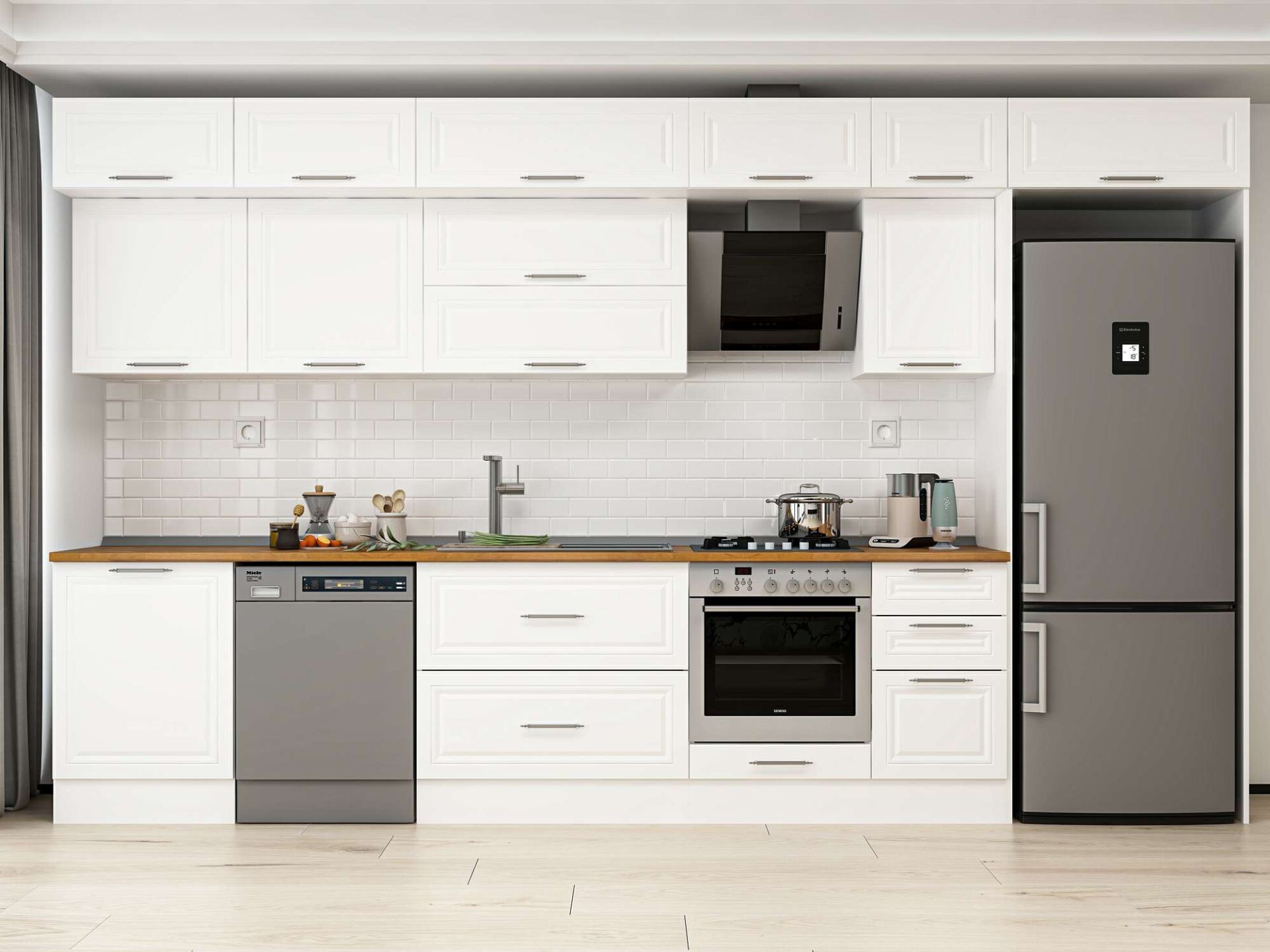 Alvinka 395X240 Cm Klasik Mebran Mutfak Dolabı Beyaz Beyaz Mb-E90S60S45-2 Mebran | Beyaz - Suntalam