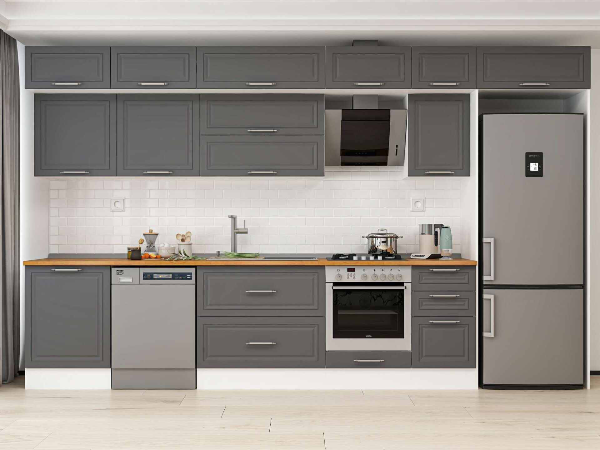 Alvinka 395X240 Cm Klasik Mebran Mutfak Dolabı Beyaz Beyaz Mb-E90S60S45-2 Mebran | Antrasit - Suntalam