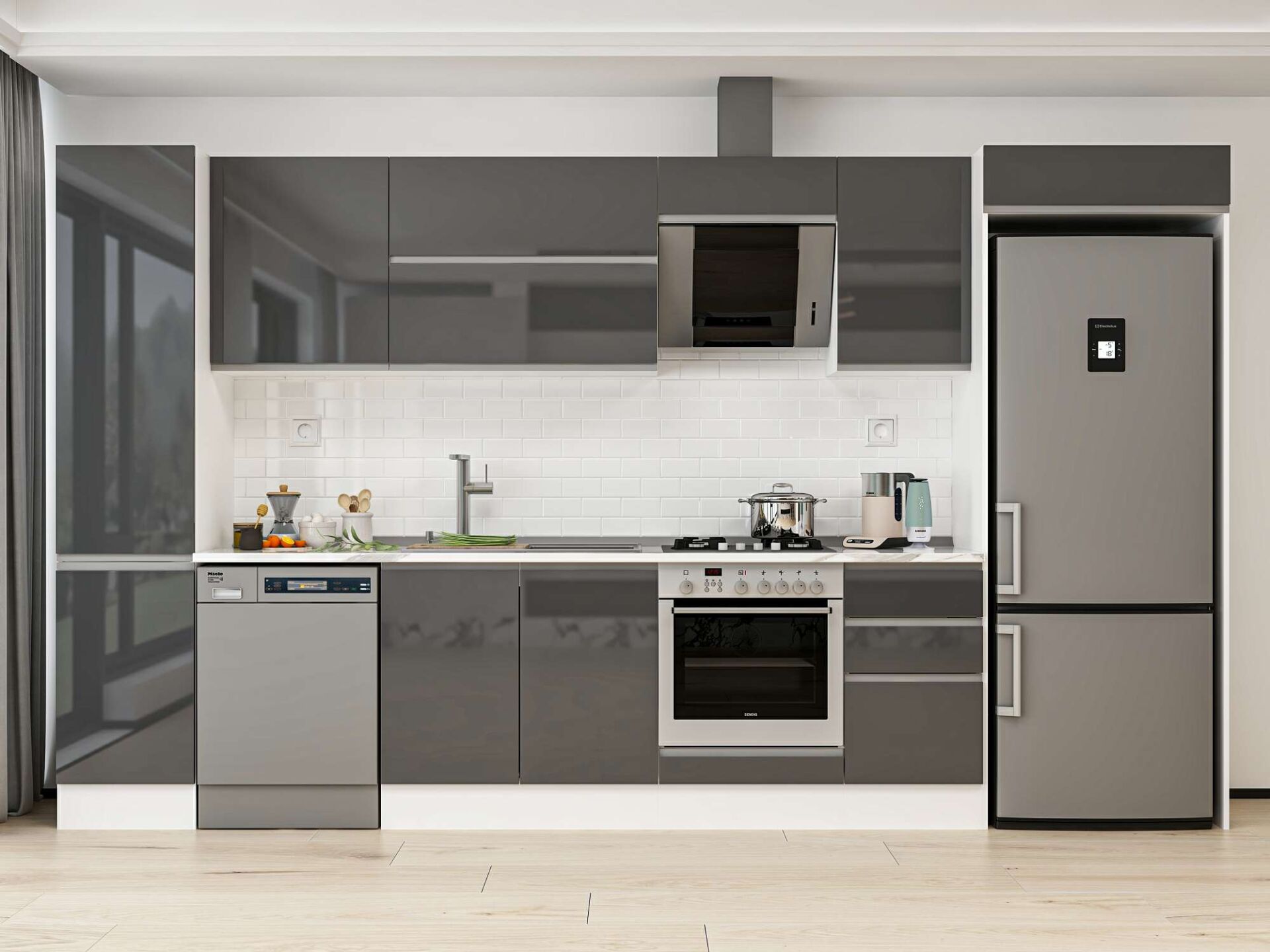 Alvinka 370X222 Cm High Gloss Mutfak Dolabı Mbb-E80B45S45-2 High Gloss | Antrasit - Mdf