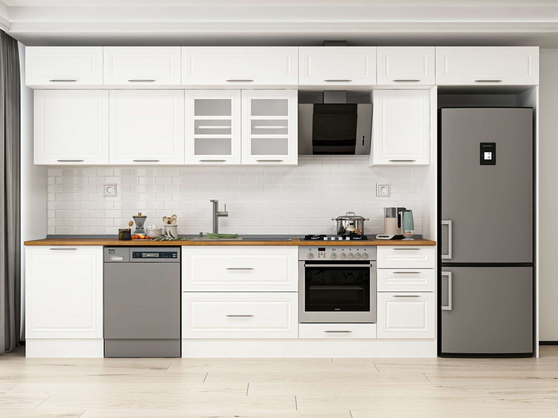 Alvinka 395X240 Cm Klasik Mebran Mutfak Dolabı Beyaz Beyaz Mb-E90S60S45-3 Mebran | Beyaz - Suntalam