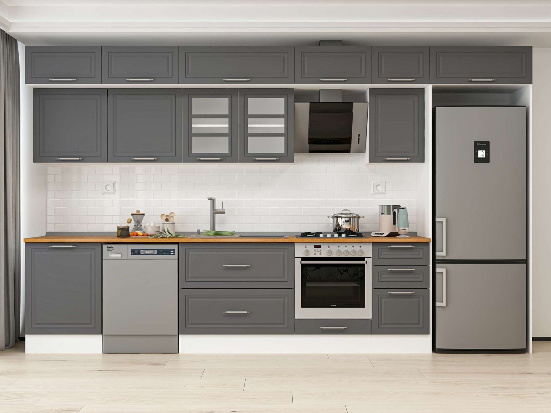 Alvinka 395X240 Cm Klasik Mebran Mutfak Dolabı Beyaz Beyaz Mb-E90S60S45-3 Mebran | Antrasit - Suntalam