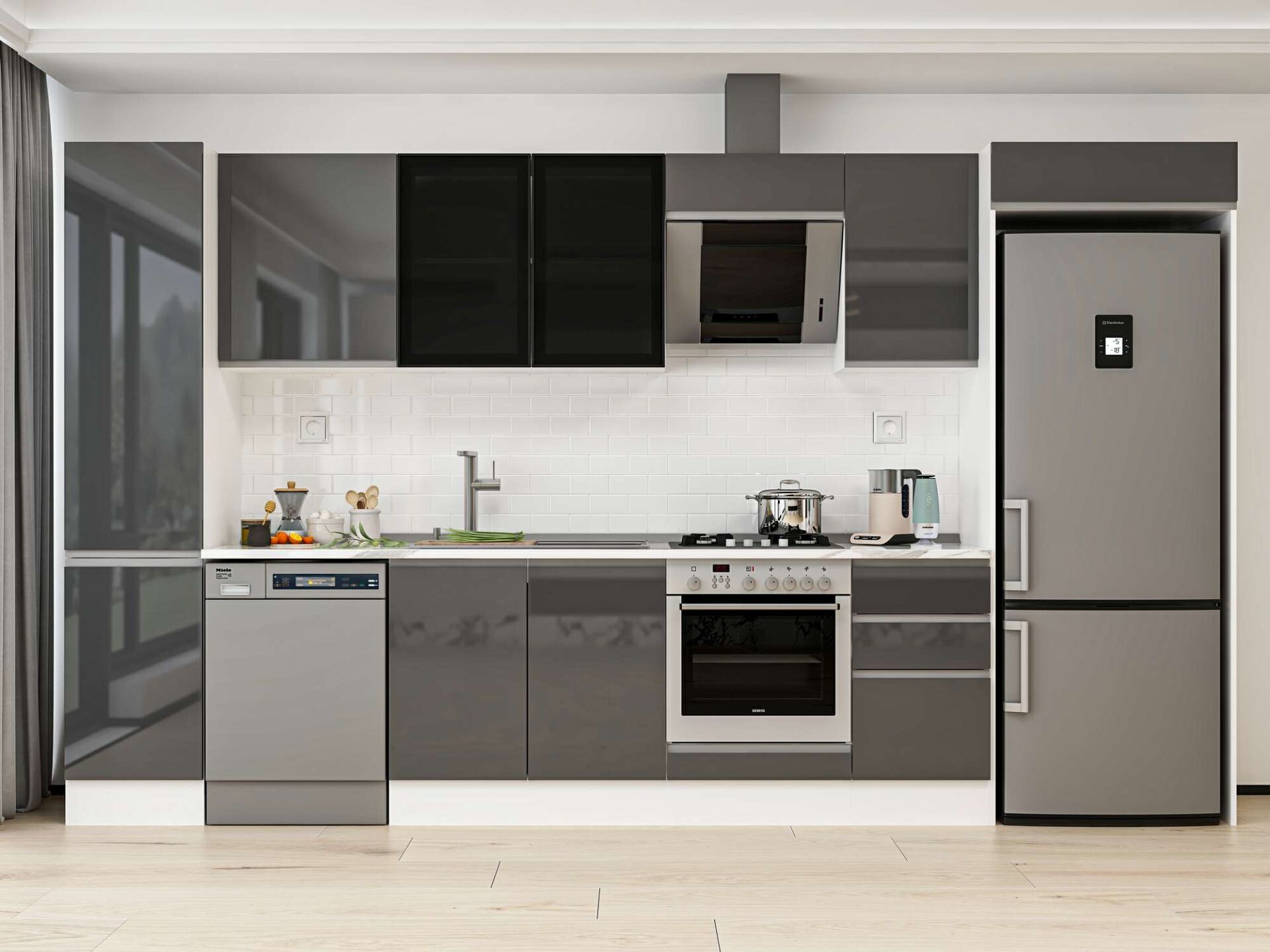 Alvinka 370X222 Cm High Gloss Mutfak Dolabı Mbb-E80B45S45-3 High Gloss | Antrasit - Mdf