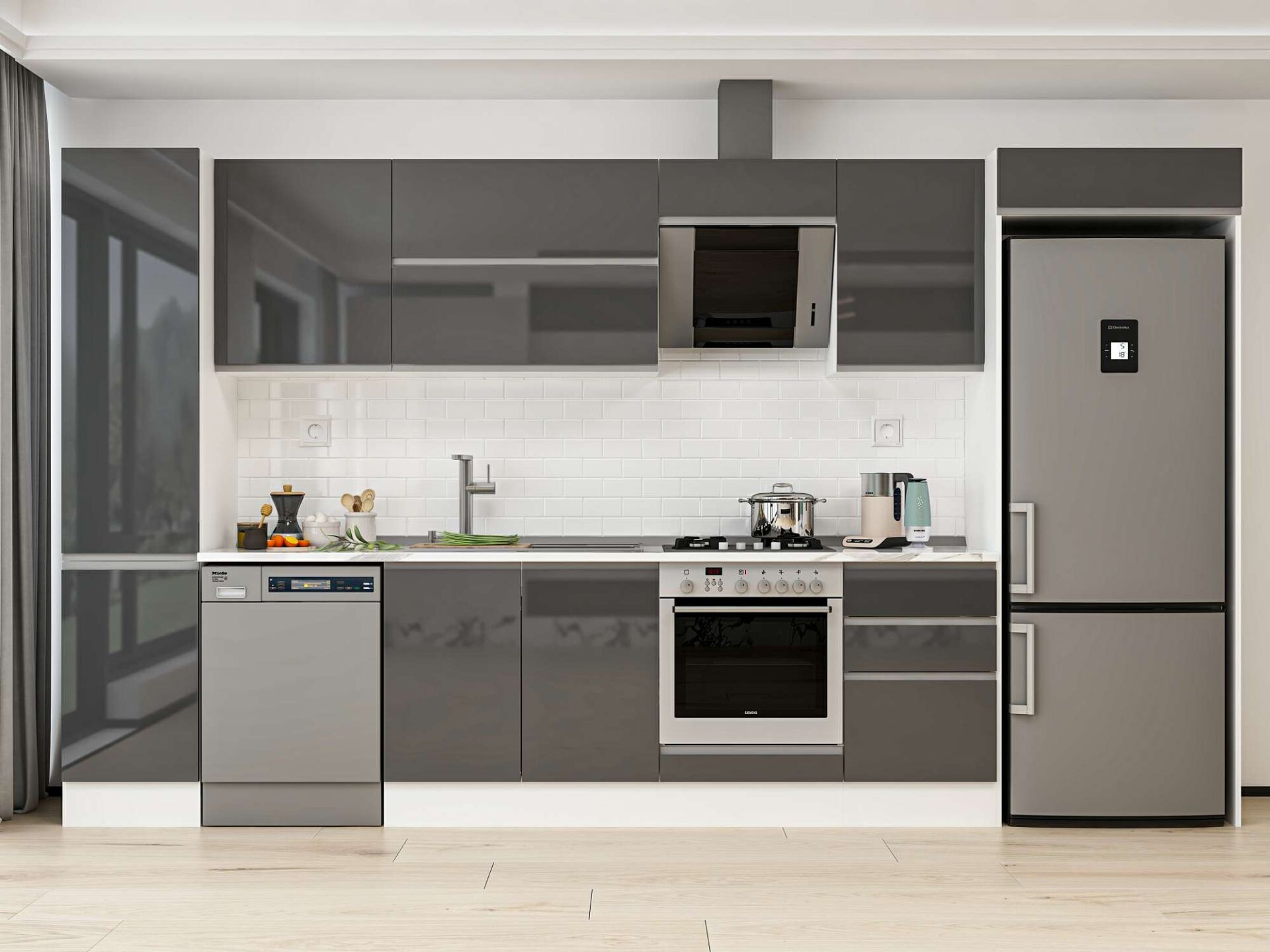 Alvinka 375X222 Cm High Gloss Mutfak Dolabı Mbb-E80B45S50-2 High Gloss | Antrasit - Mdf