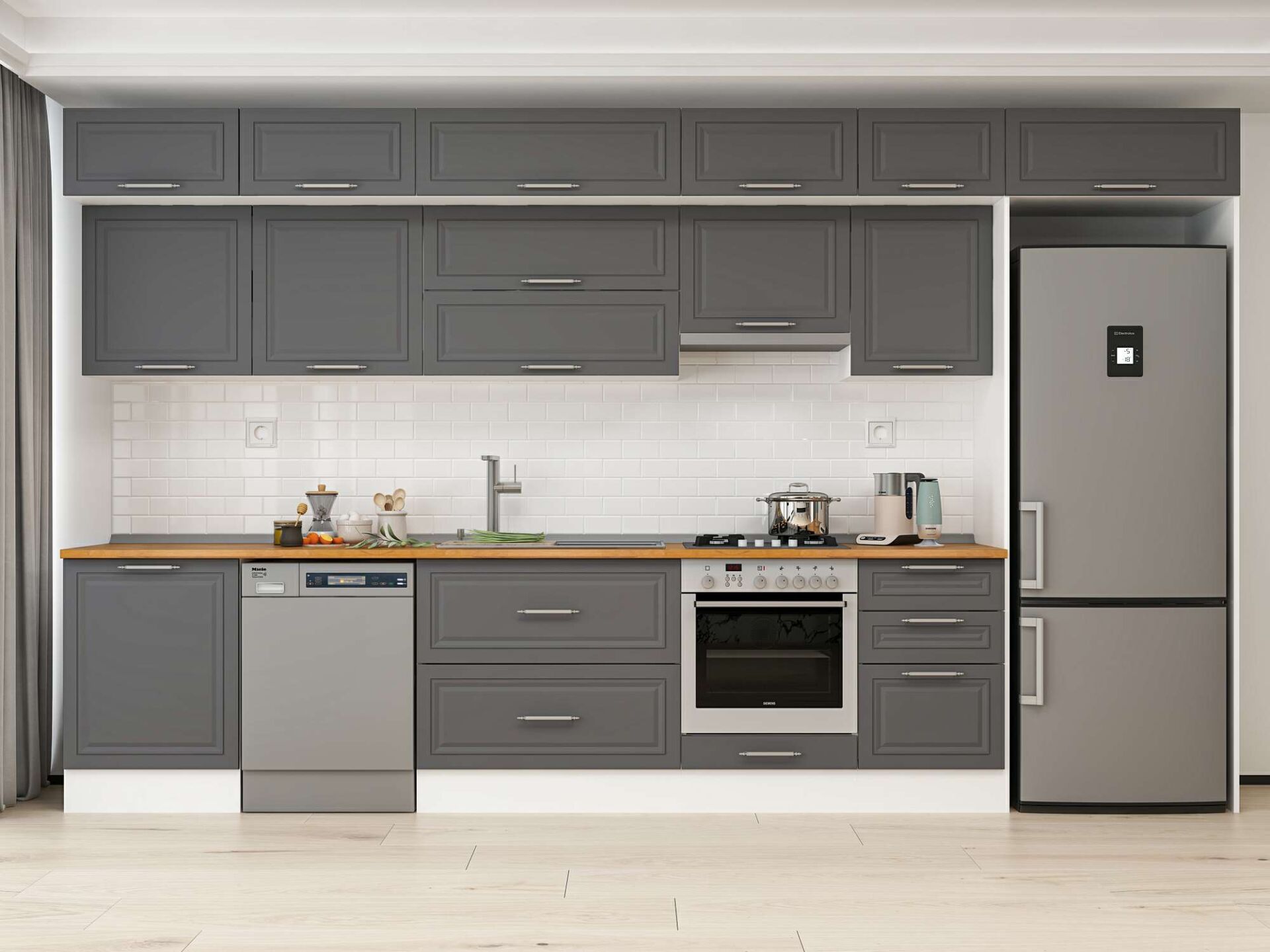 Alvinka 400X240 Cm Klasik Mebran Mutfak Dolabı Beyaz Beyaz Mb-E90S60S50-1 Mebran | Antrasit - Mdf