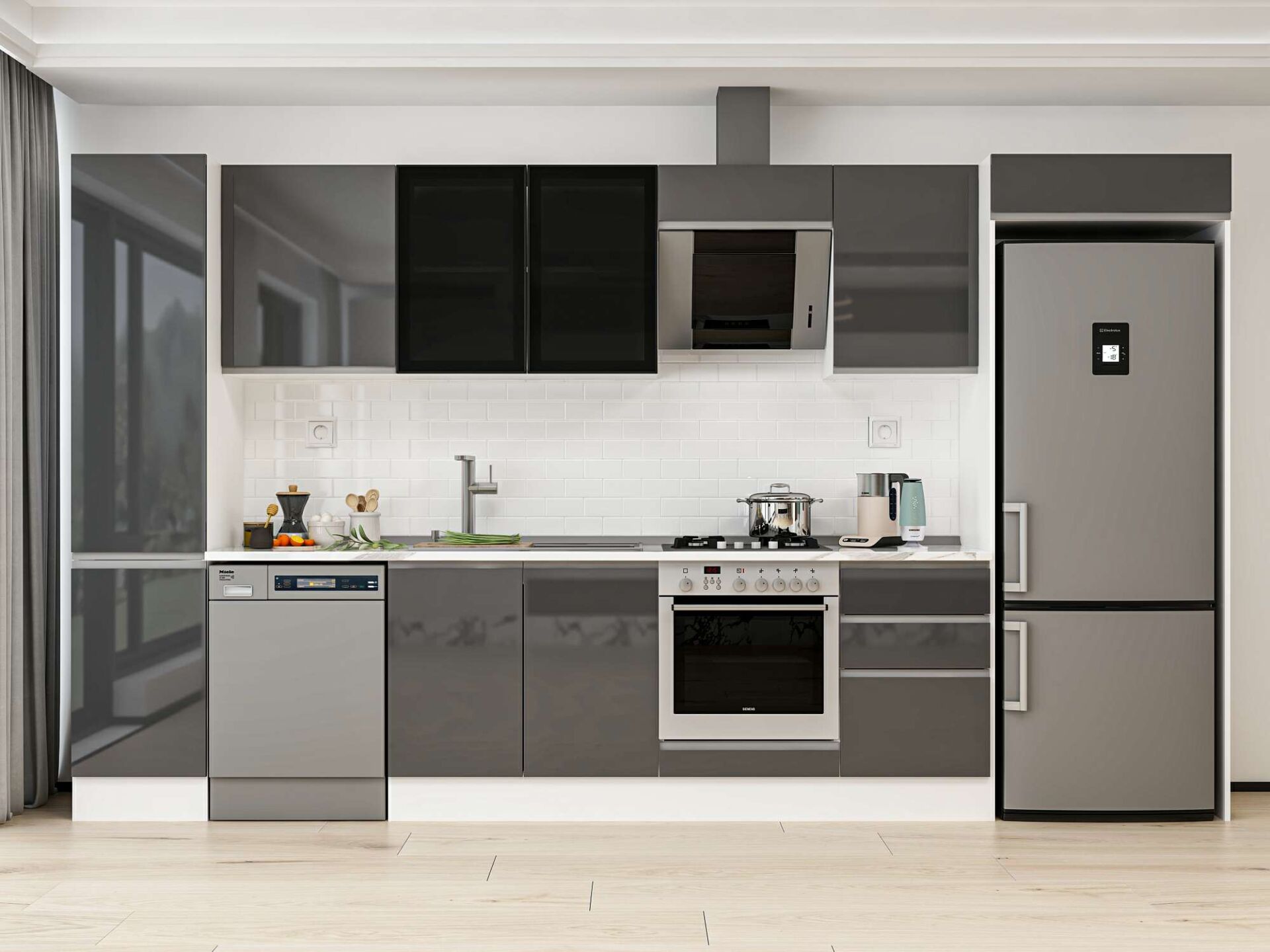 Alvinka 375X222 Cm High Gloss Mutfak Dolabı Mbb-E80B45S50-3 High Gloss | Antrasit - Suntalam