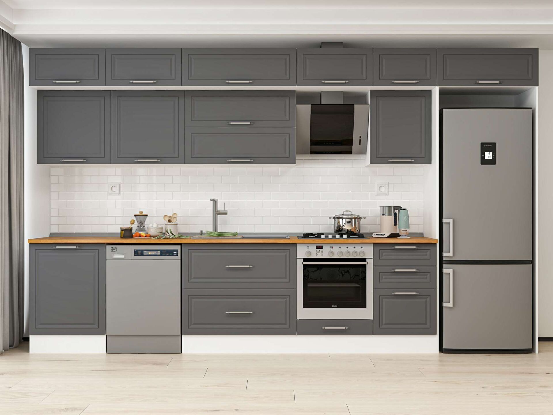 Alvinka 400X240 Cm Klasik Mebran Mutfak Dolabı Beyaz Beyaz Mb-E90S60S50-2 Mebran | Antrasit - Mdf