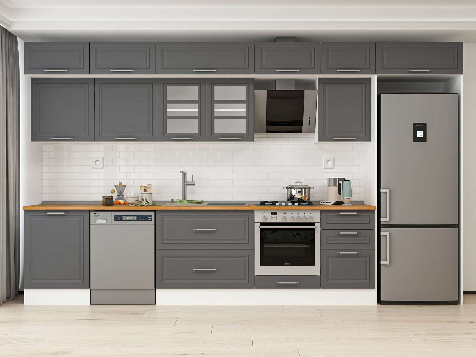 Alvinka 400X240 Cm Klasik Mebran Mutfak Dolabı Beyaz Beyaz Mb-E90S60S50-3 Mebran | Antrasit - Suntalam