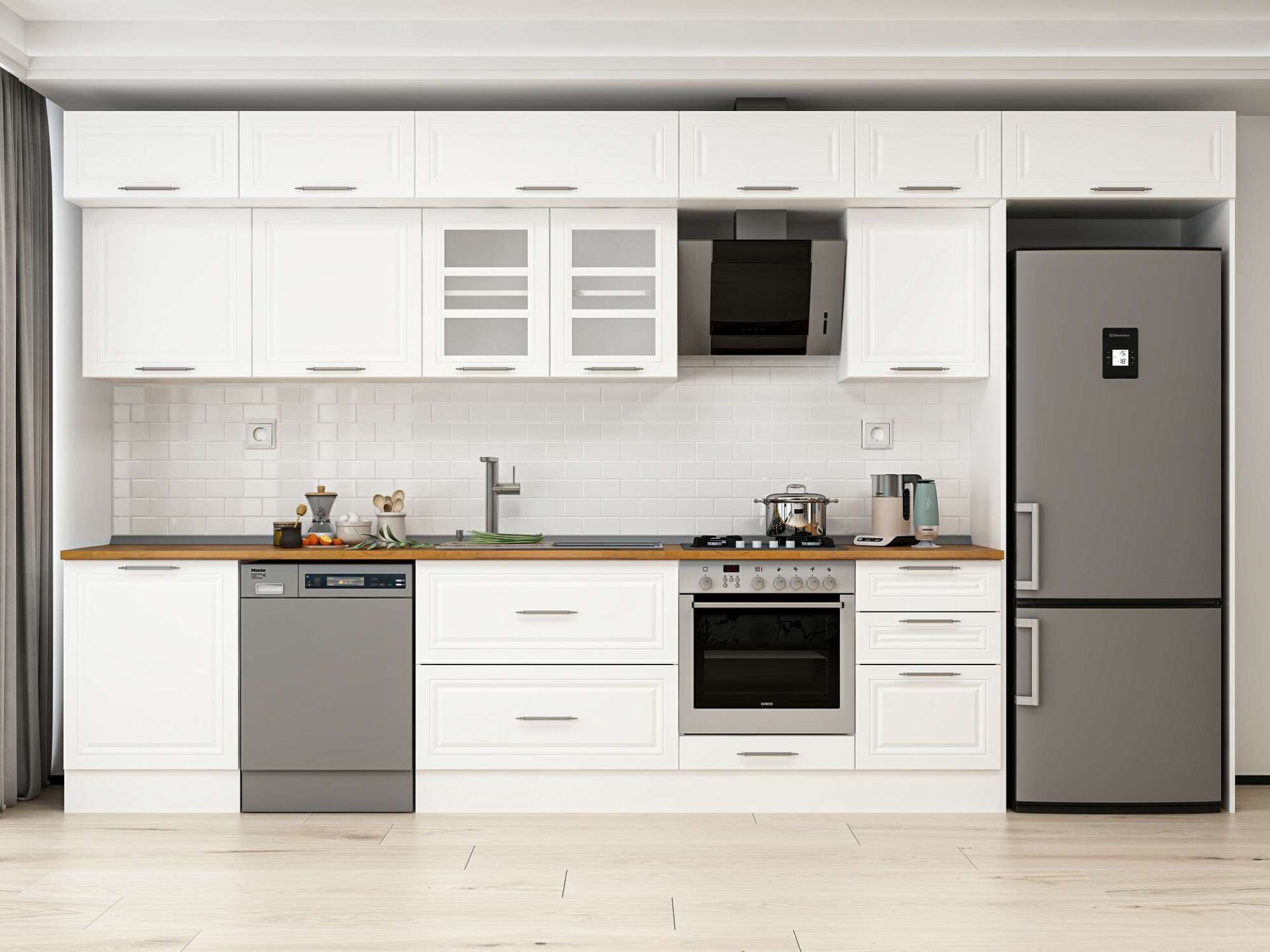 Alvinka 400X240 Cm Klasik Mebran Mutfak Dolabı Beyaz Beyaz Mb-E90S60S50-3 Mebran | Beyaz - Mdf