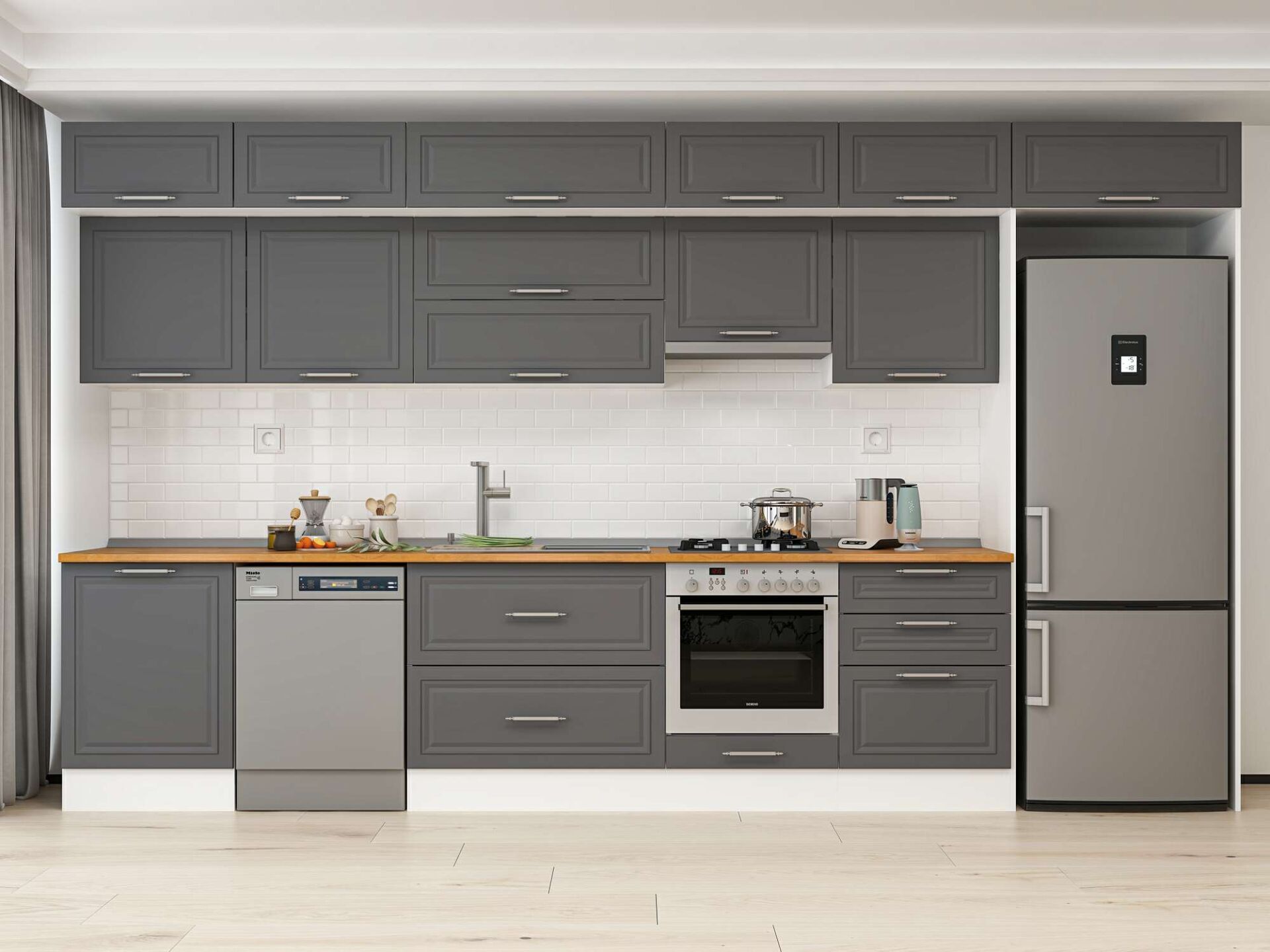 Alvinka 410X240 Cm Klasik Mebran Mutfak Dolabı Beyaz Beyaz Mb-E90S60S60-1 Mebran | Antrasit - Mdf