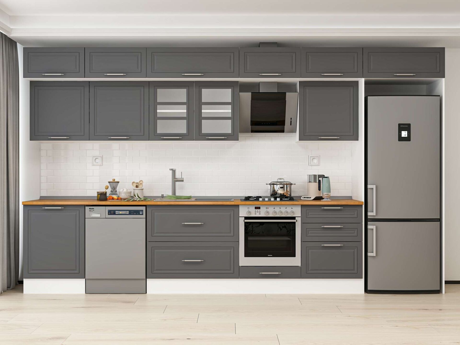 Alvinka 410X240 Cm Klasik Mebran Mutfak Dolabı Beyaz Beyaz Mb-E90S60S60-3 Mebran | Antrasit - Mdf