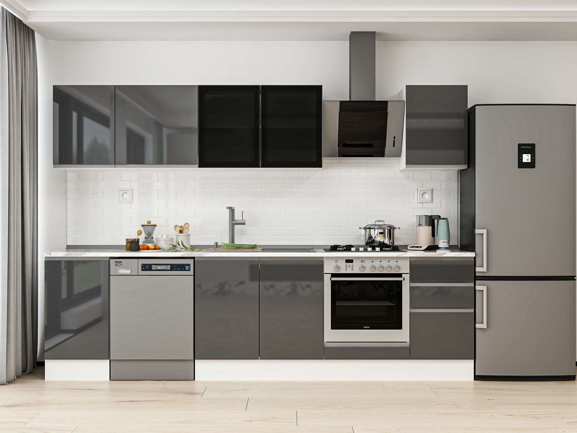 Alvinka 290X210 Cm High Gloss Mutfak Dolabı M-E80S45S45-3 High Gloss | Antrasit - Mdf