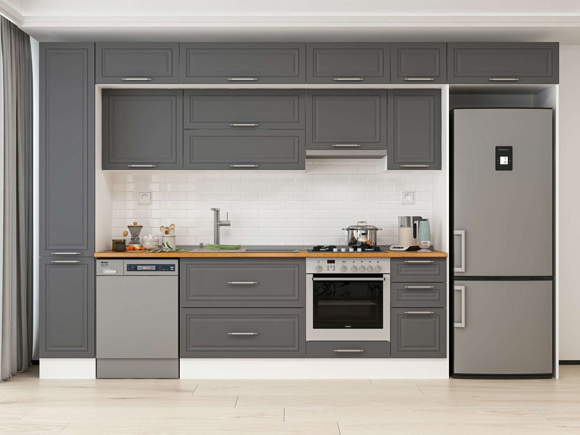 Alvinka 370X240 Cm Klasik Mebran Mutfak Dolabı Beyaz Beyaz Mbb-E90B40S40-1 Mebran | Antrasit - Suntalam