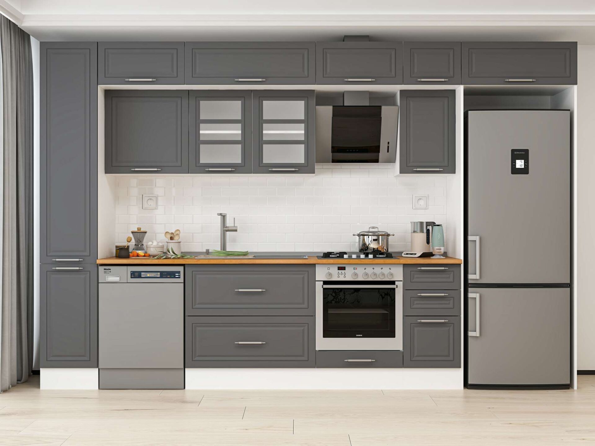 Alvinka 370X240 Cm Klasik Mebran Mutfak Dolabı Beyaz Beyaz Mbb-E90B40S40-3 Mebran | Antrasit - Suntalam