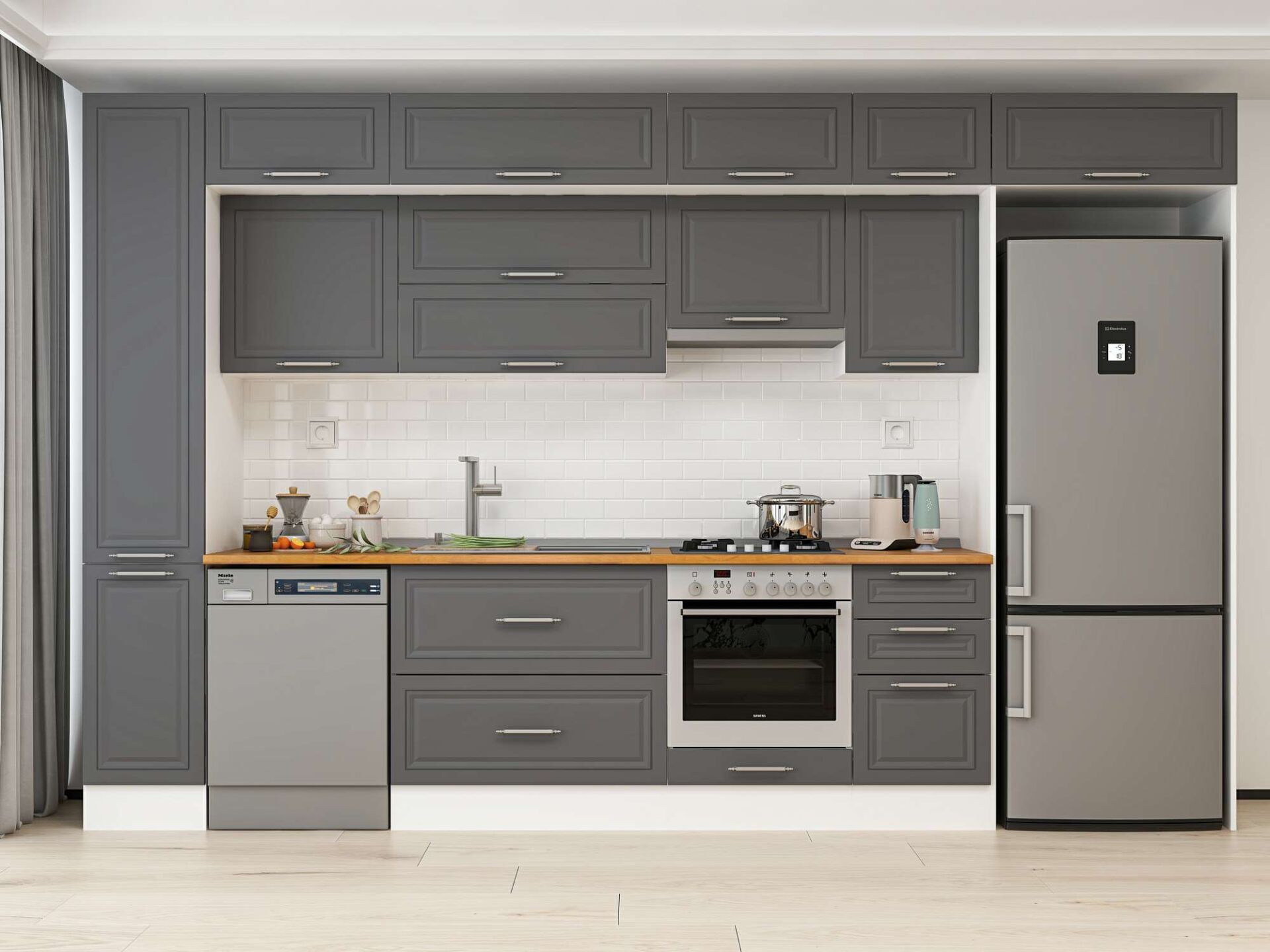 Alvinka 375X240 Cm Klasik Mebran Mutfak Dolabı Beyaz Beyaz Mbb-E90B40S45-1 Mebran | Antrasit - Mdf