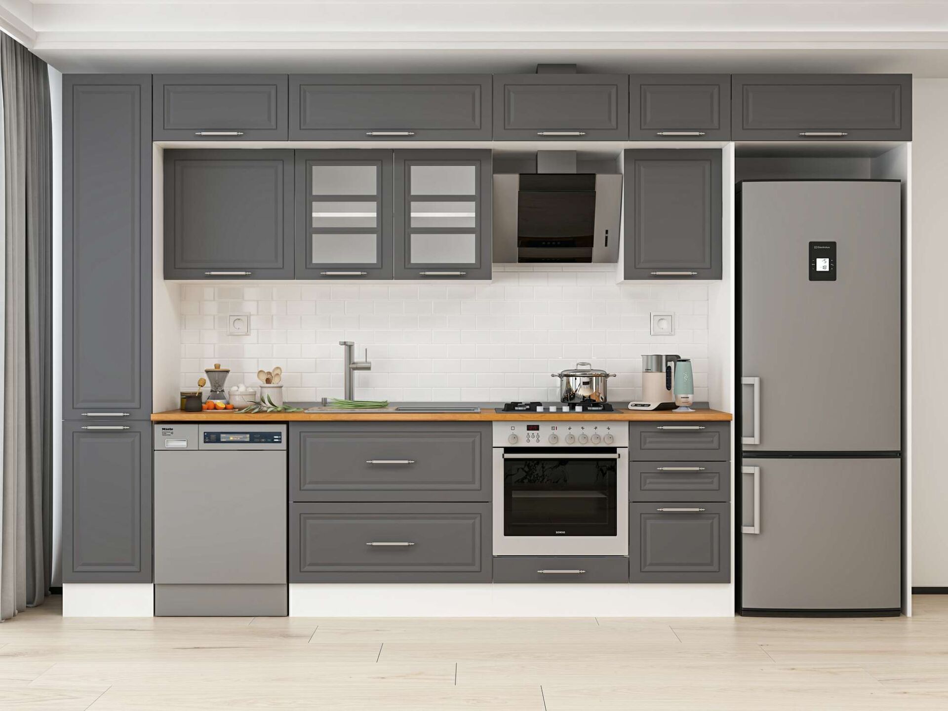 Alvinka 375X240 Cm Klasik Mebran Mutfak Dolabı Beyaz Beyaz Mbb-E90B40S45-3 Mebran | Antrasit - Mdf